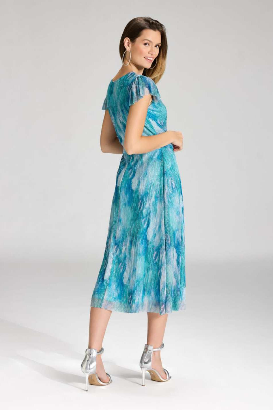 Midi Kleid aus bedrucktem Plissee Jersey mit kurzen Ärmeln