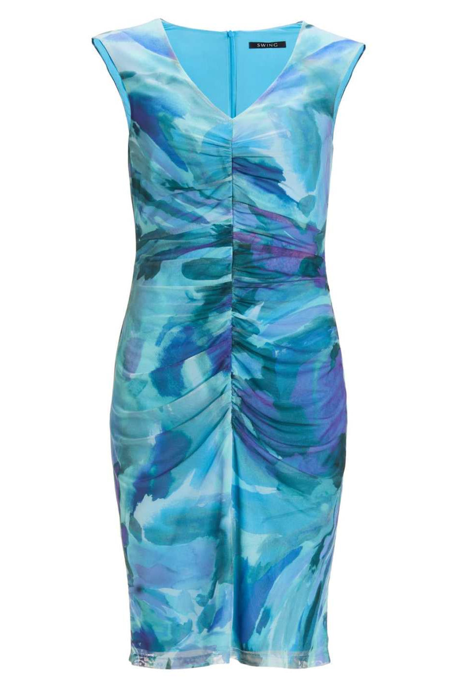 Etuikleid mit V-Ausschnitt und Raffung aus bedrucktem Mesh