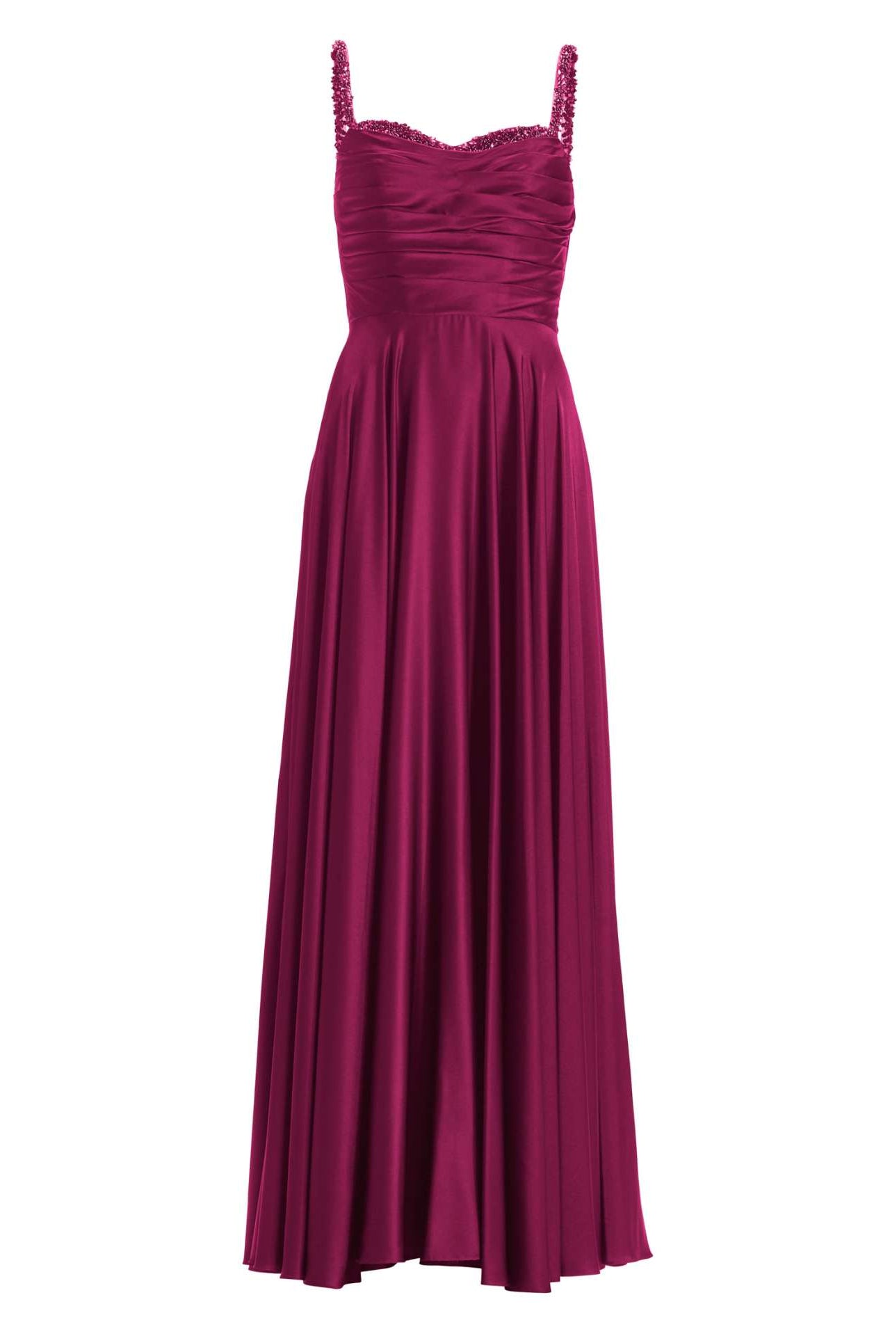 Satinkleid mit drapiertem Top und bestickten Trägern