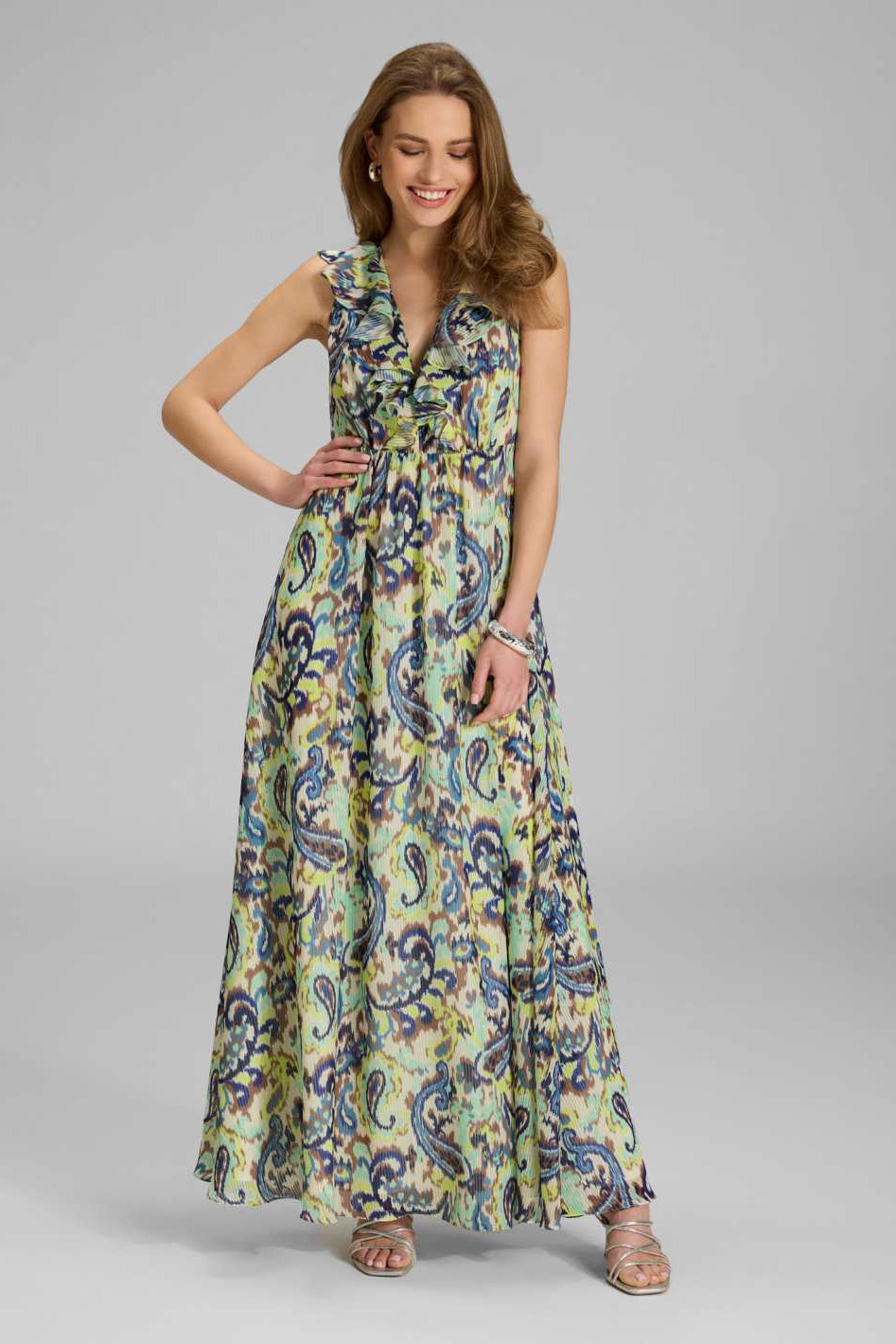 Maxikleid mit Rüschen aus bedrucktem Chiffon mit Glitzerstreifen Buttercup Cream