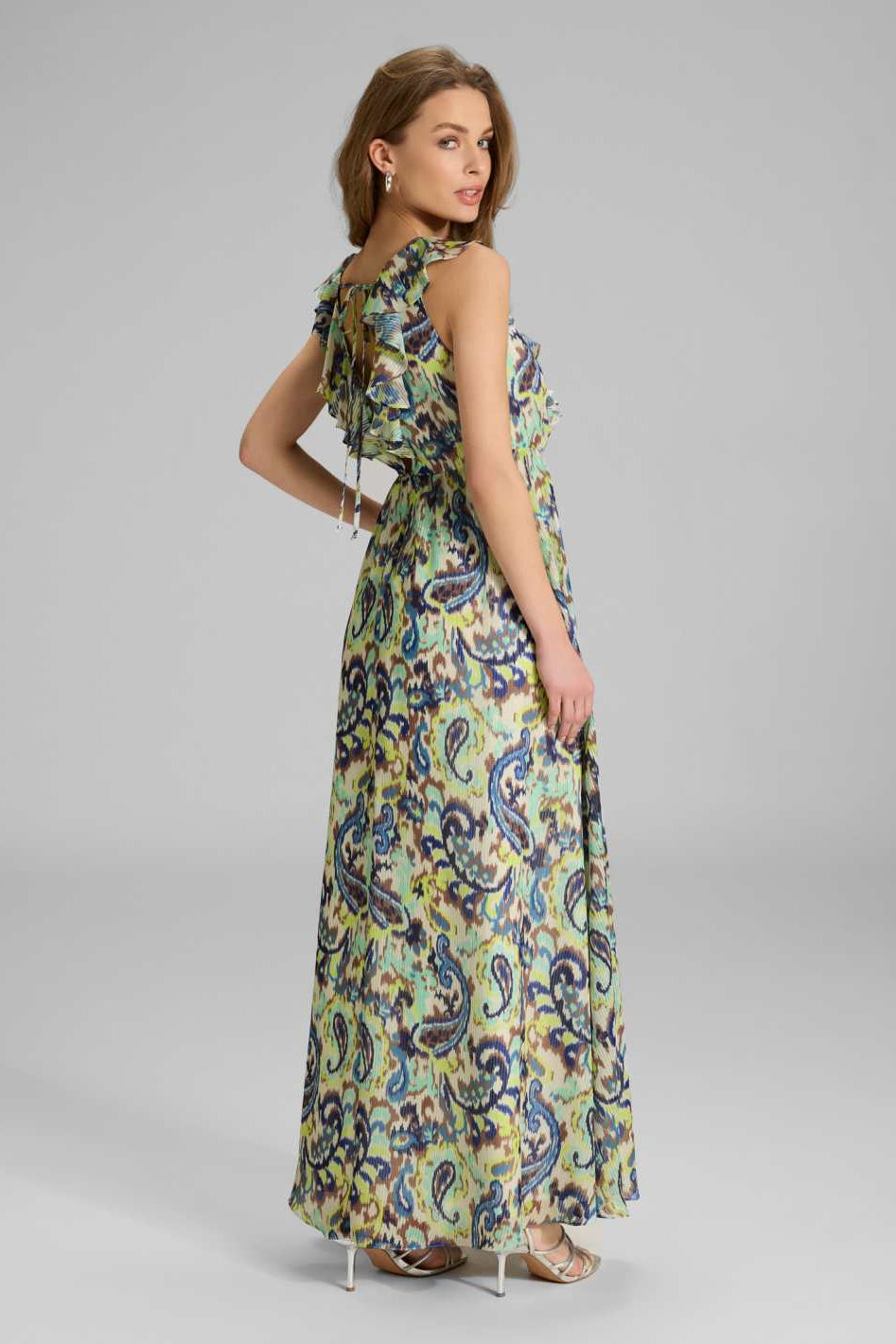 Maxikleid mit Rüschen aus bedrucktem Chiffon mit Glitzerstreifen