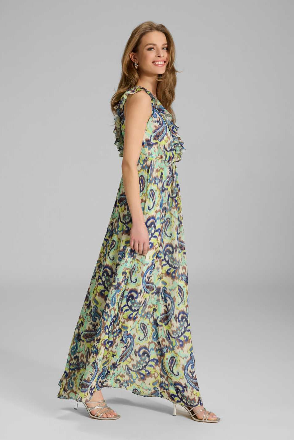 Maxikleid mit Rüschen aus bedrucktem Chiffon mit Glitzerstreifen