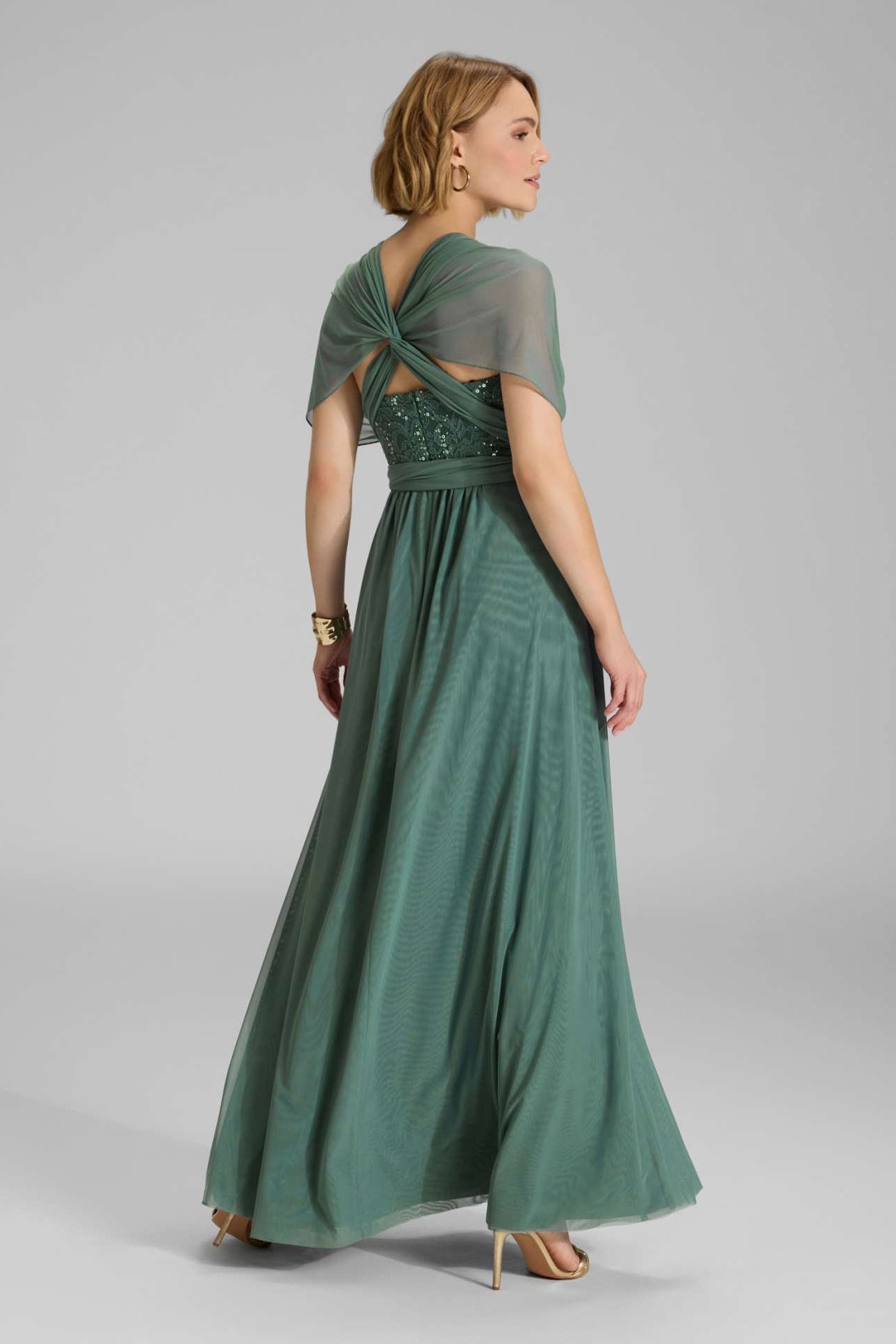 Abendkleid aus Mesh und Spitze mit verschiedenen Bindemöglichkeiten