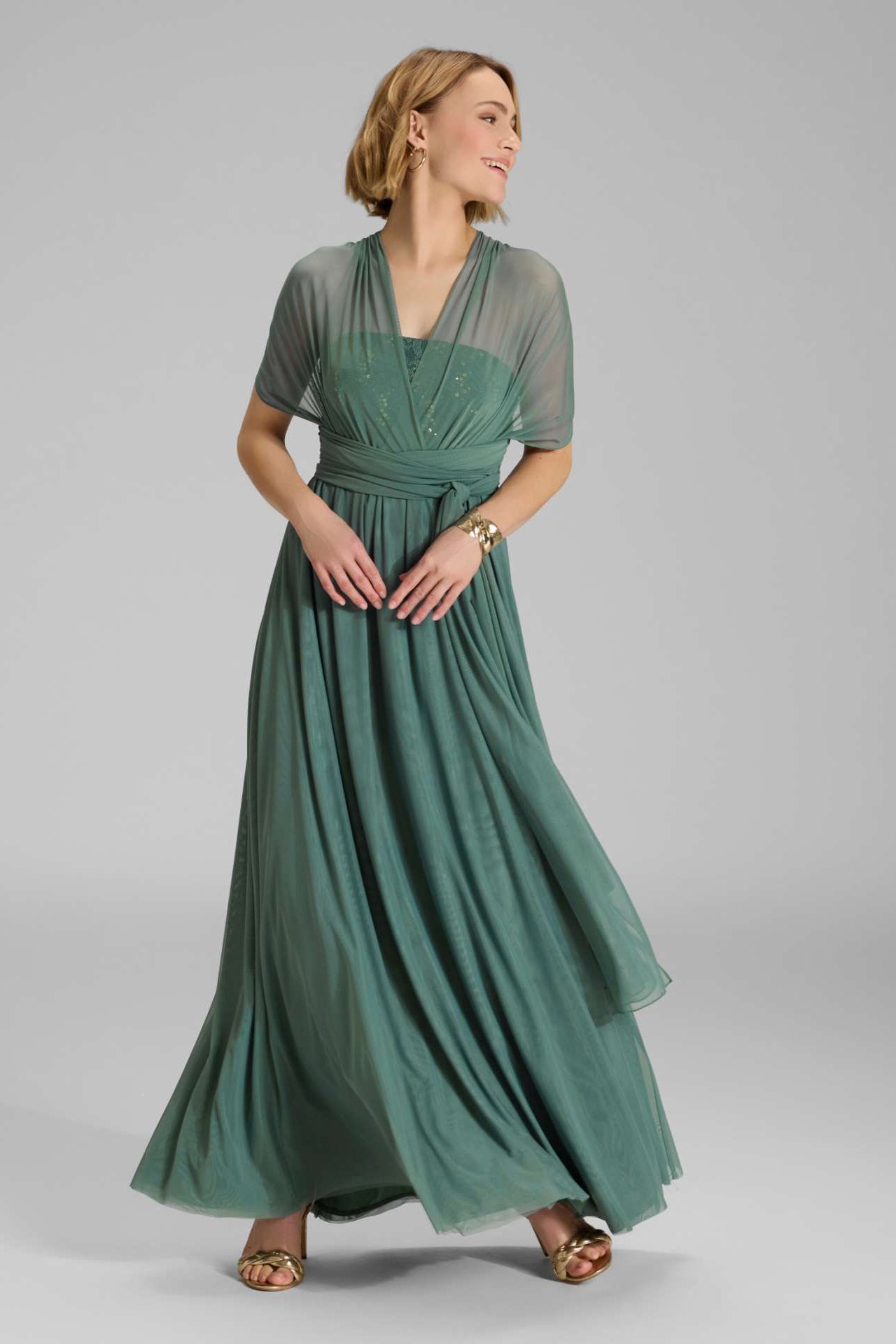 Abendkleid aus Mesh und Spitze mit verschiedenen Bindemöglichkeiten