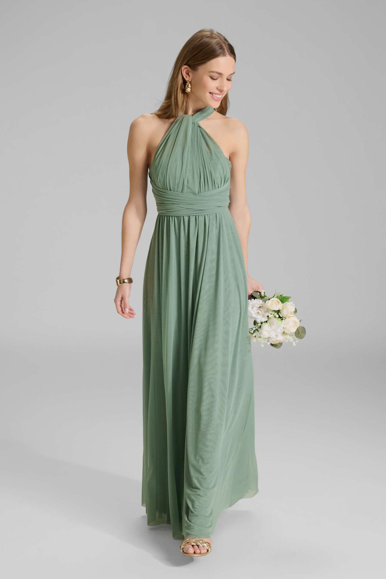 Abendkleid aus Mesh und Spitze mit verschiedenen Bindemöglichkeiten pistachio green