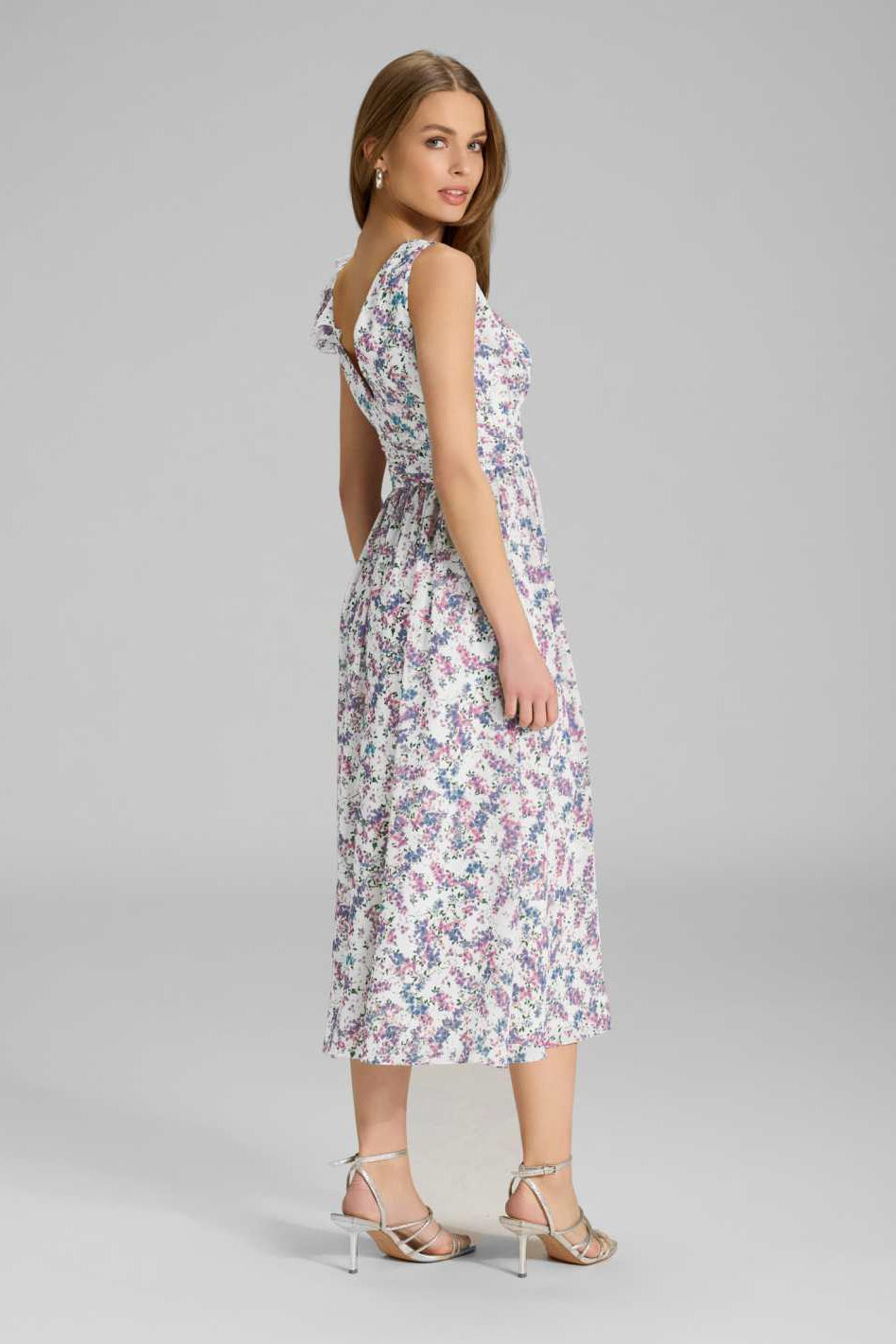 Midi Kleid aus floral bedrucktem Crinkle Chiffon mit Volants an der Schulter