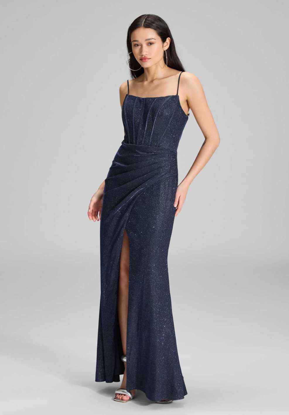 Figurbetontes Abendkleid mit Beinschlitz navy