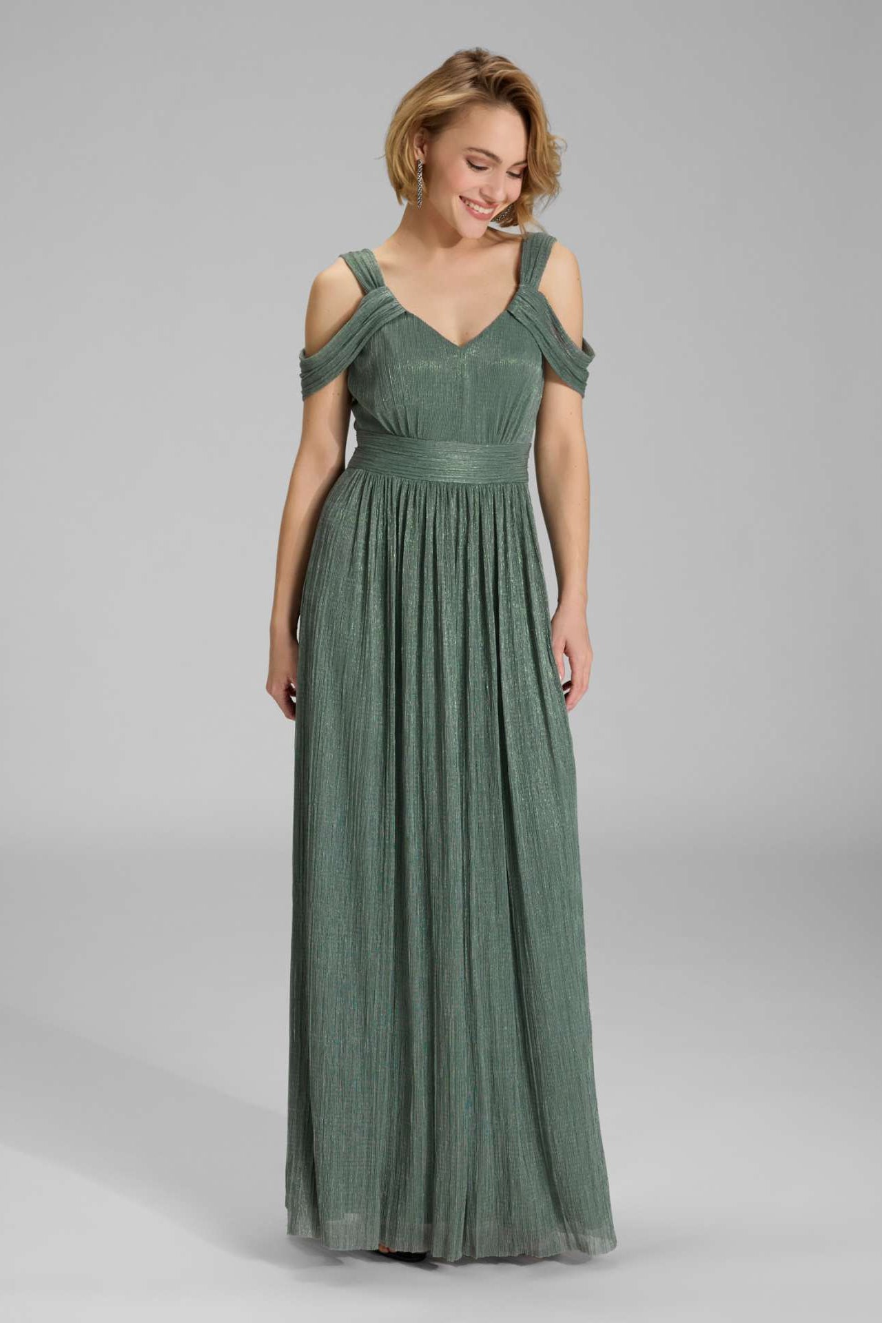Abendkleid aus plissiertem Jersey mit metallic Fäden und Cold Shoulder Trägern