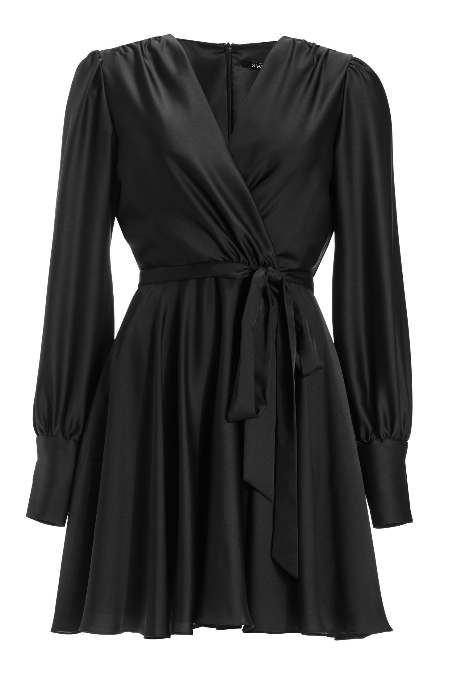 Cocktailkleid aus Satin mit breiten Manschetten, Wickel Oberteil und Tellerrock