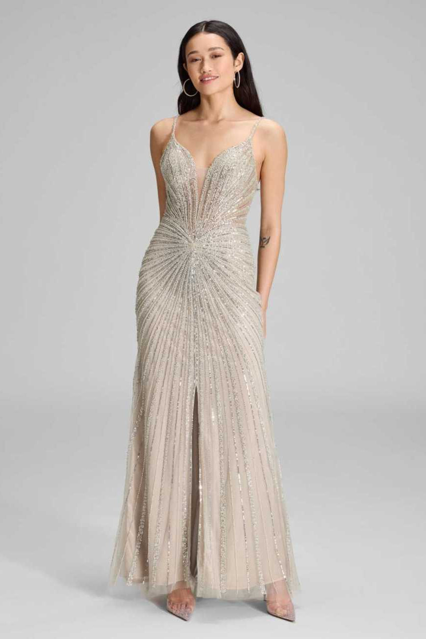 Abendkleid mit all-over Stickerei silver