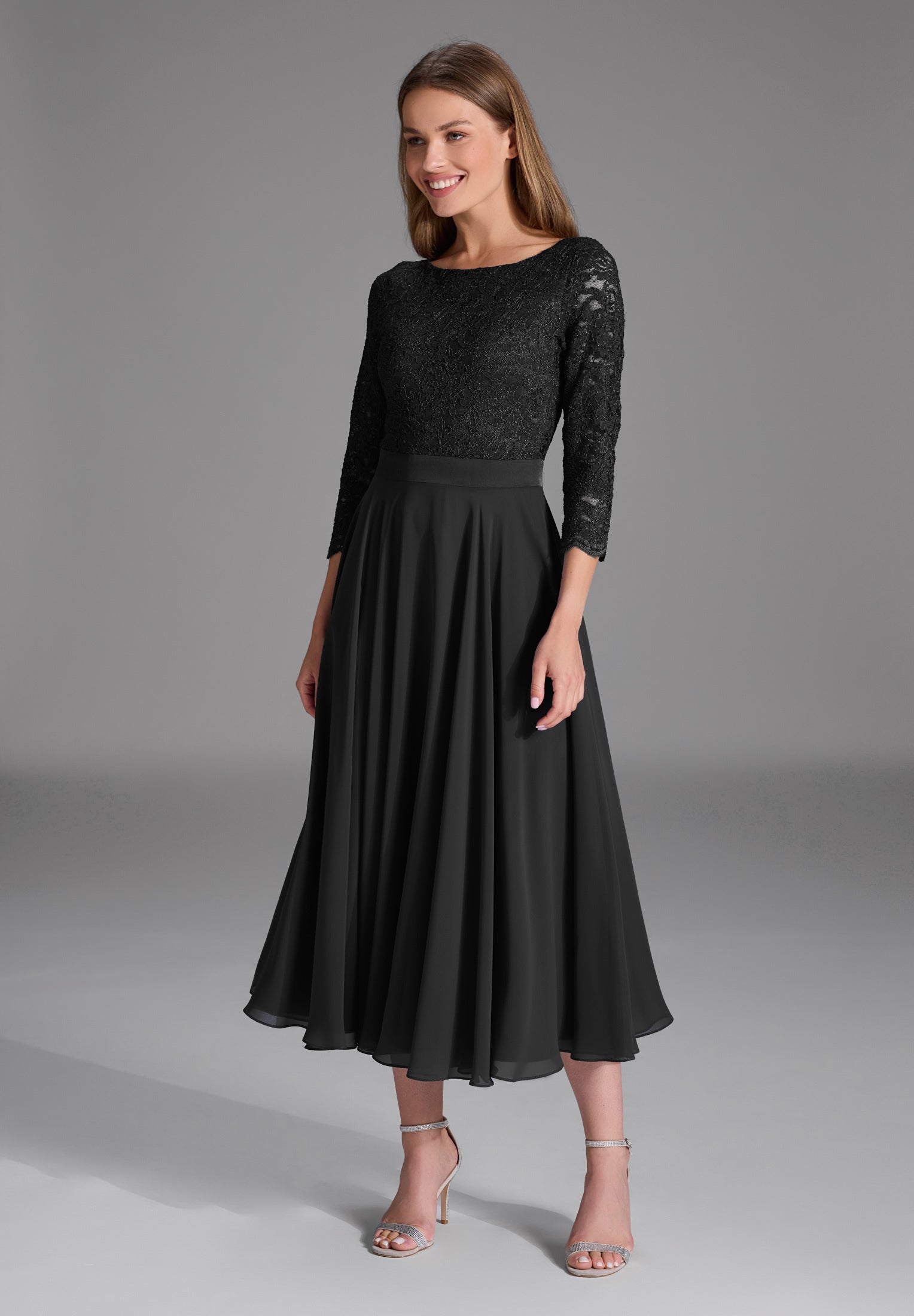 Abendkleid Midi mit Oberteil aus floraler Spitze und Chiffon Rock black