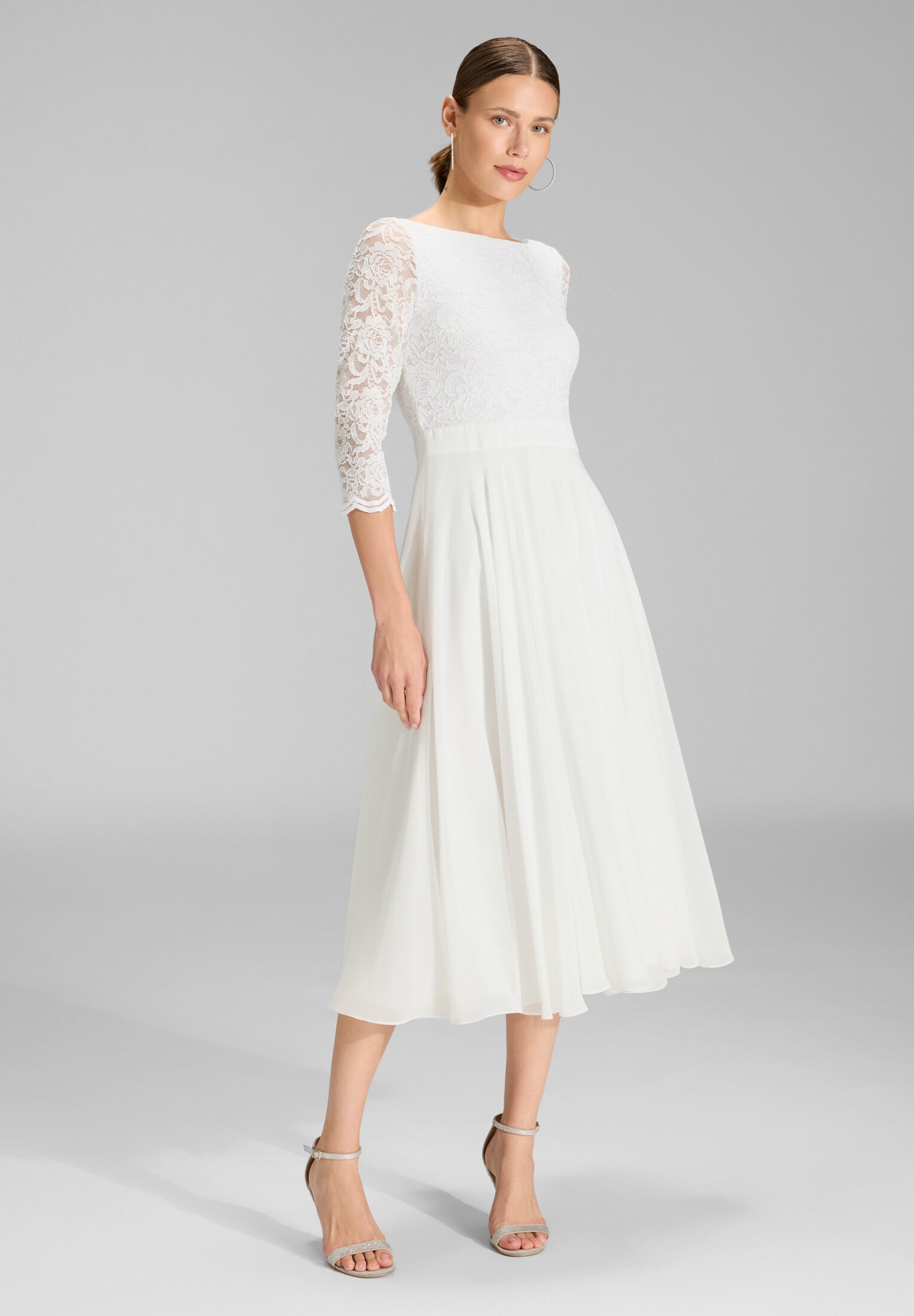 Abendkleid Midi mit Oberteil aus floraler Spitze und Chiffon Rock ivory