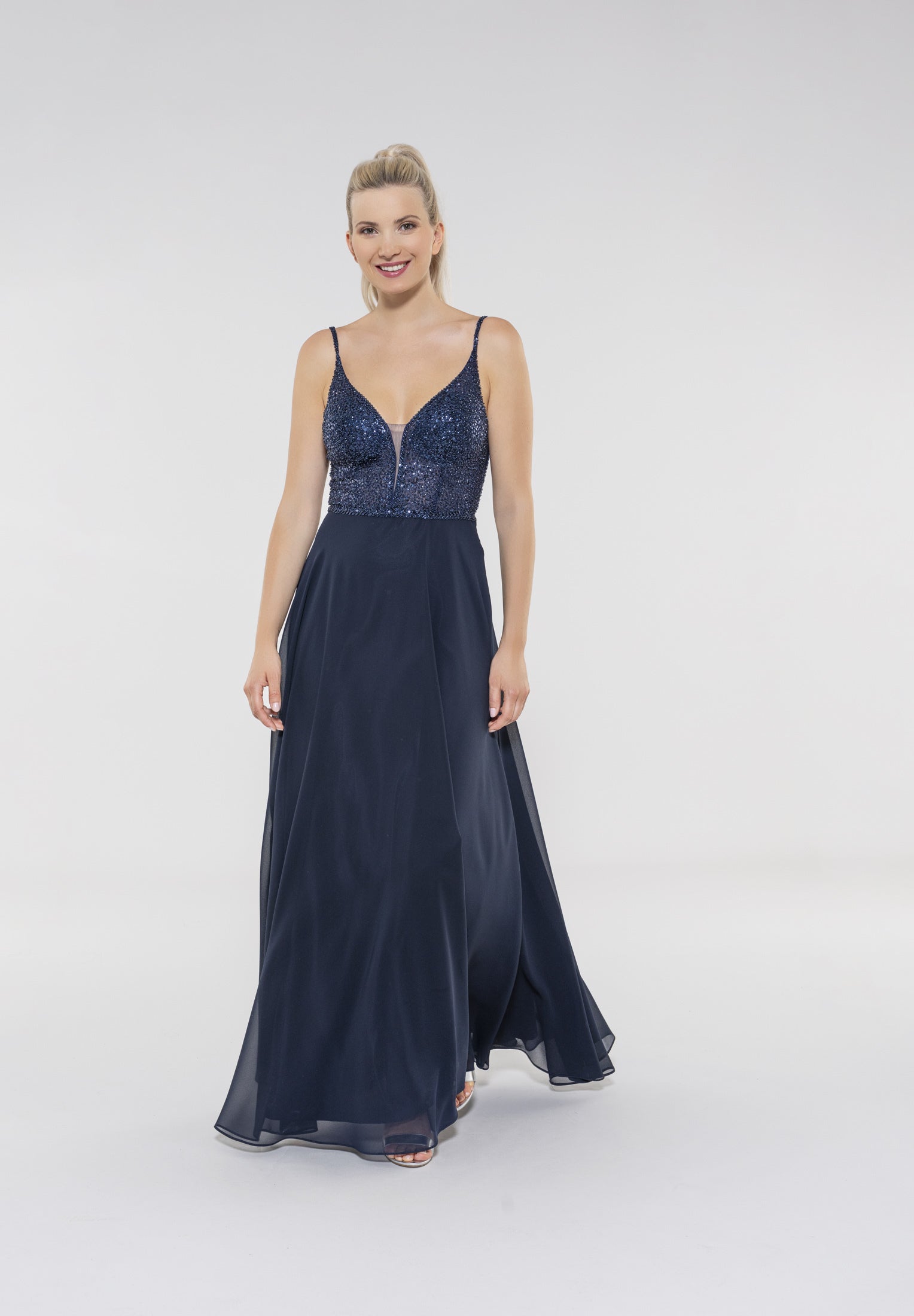 Abendkleid aus Materialmix navy