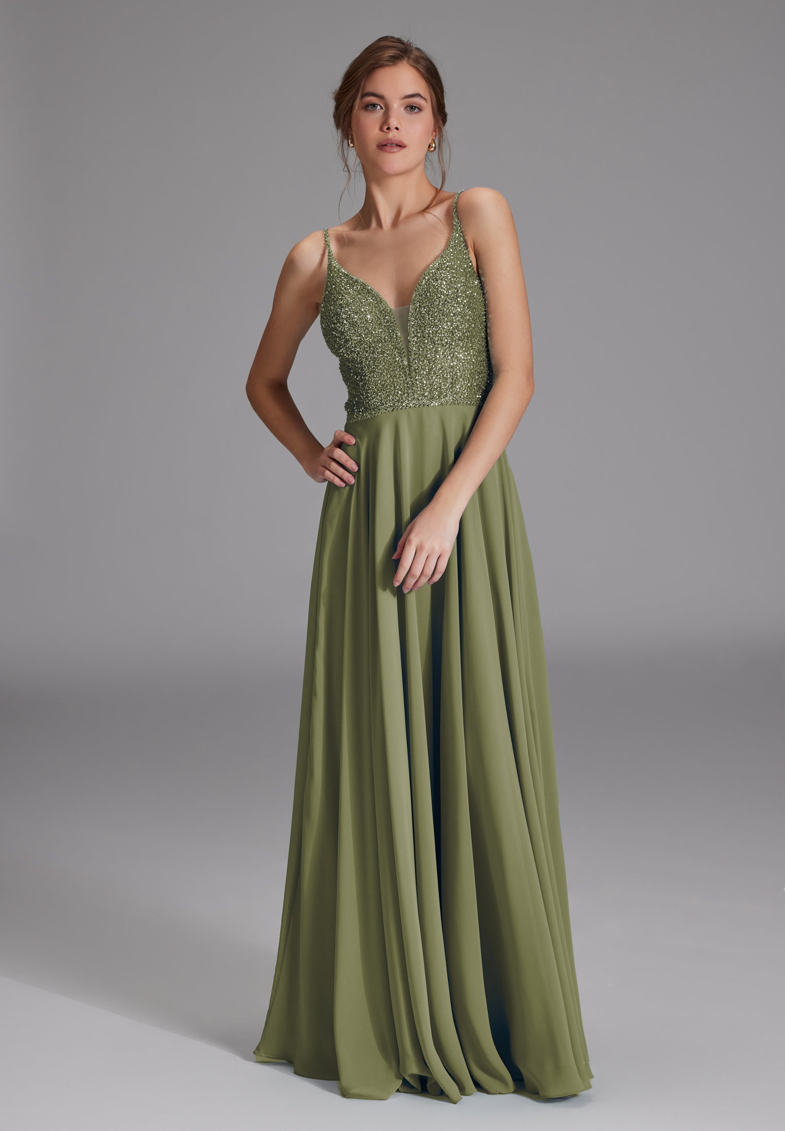 Abendkleid aus Materialmix moss green