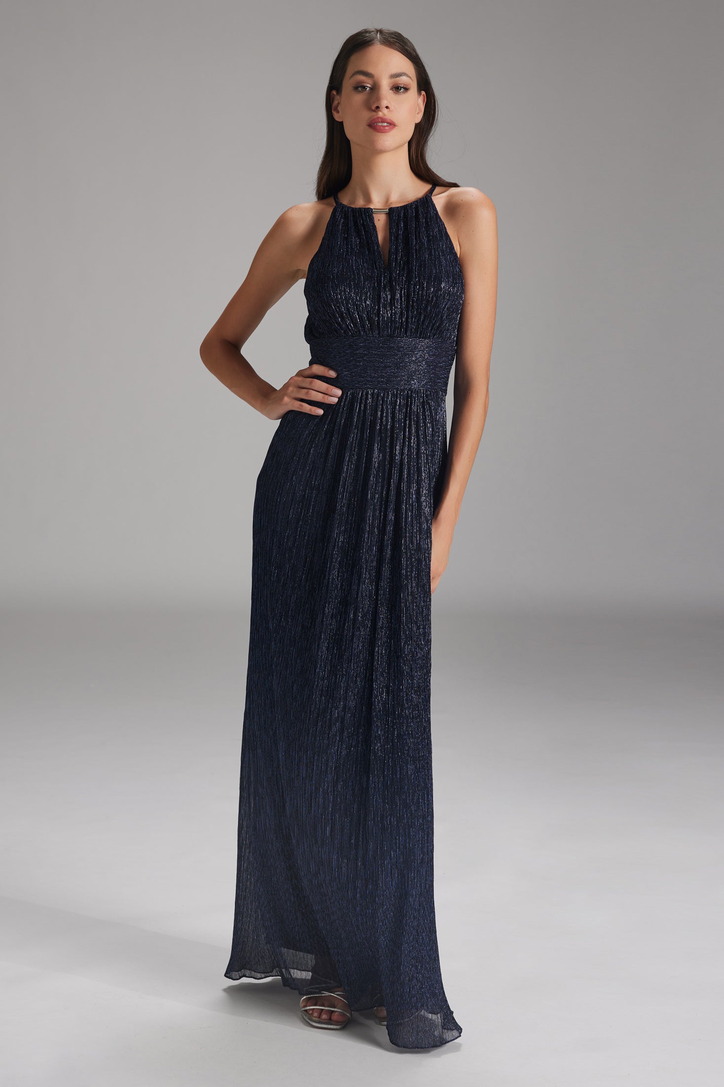 Plissiertes Jersey-Abendkleid mit Metallic-Fäden navy