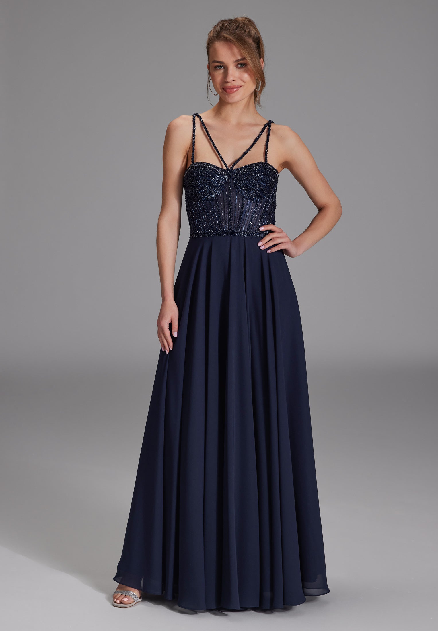 Corsagenkleid im See-Through-Look navy