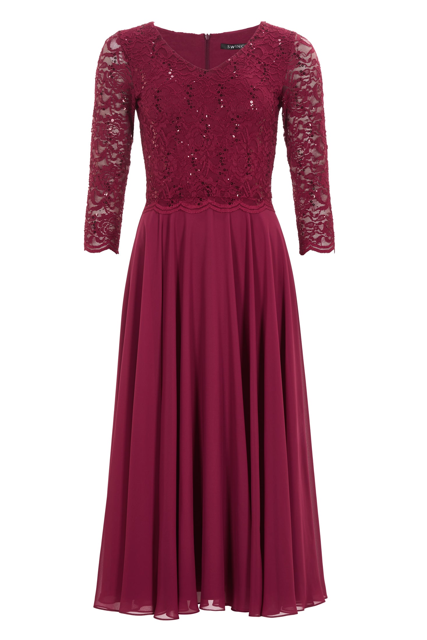 Midi Kleid mit paillettenbesetztem Spitzenoberteil