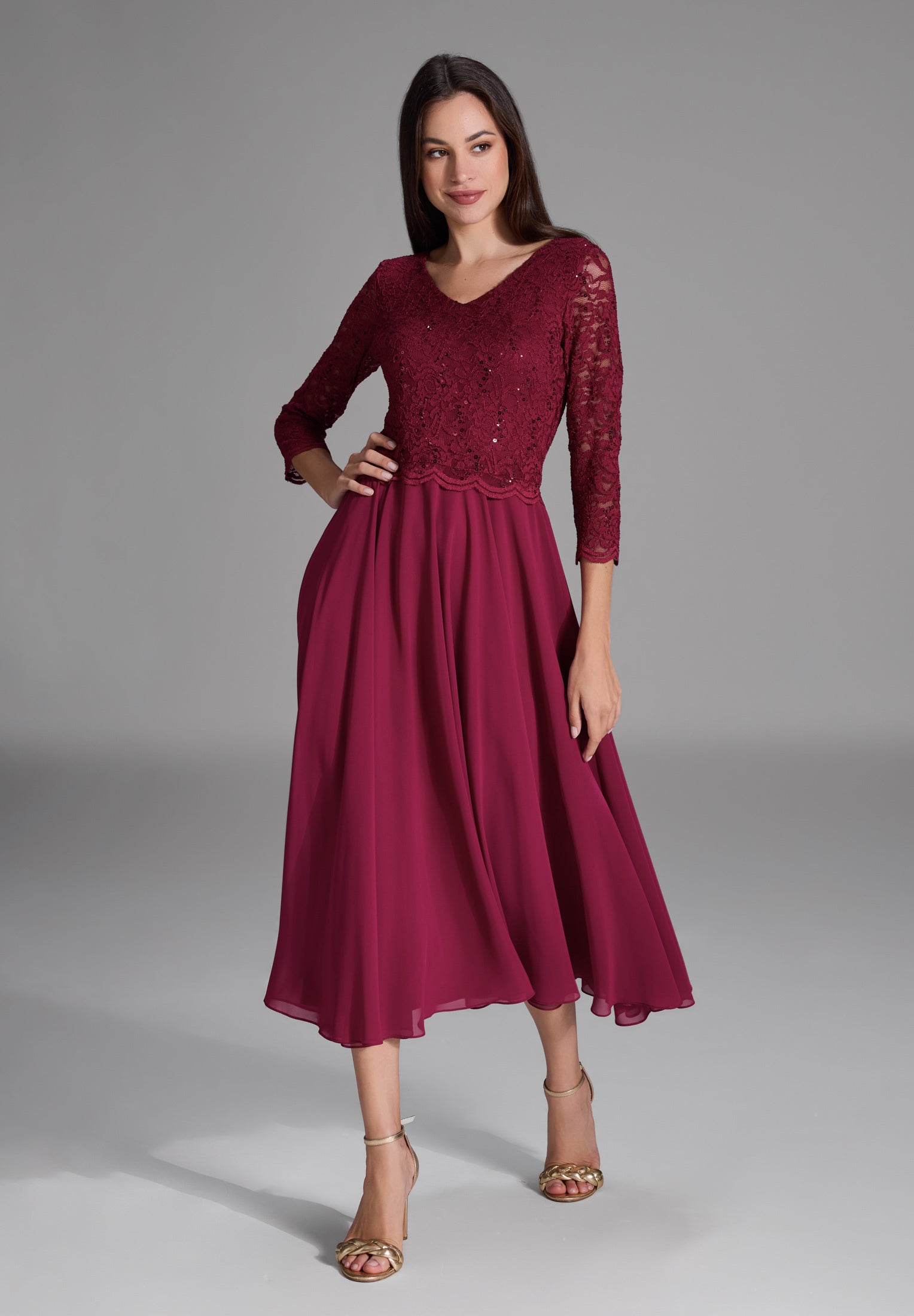 Midi Kleid mit paillettenbesetztem Spitzenoberteil ruby red
