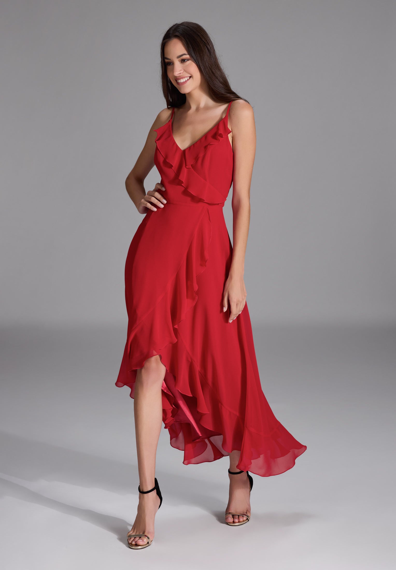 Abendkleid aus Chiffon Vokuhila Saum und Volants