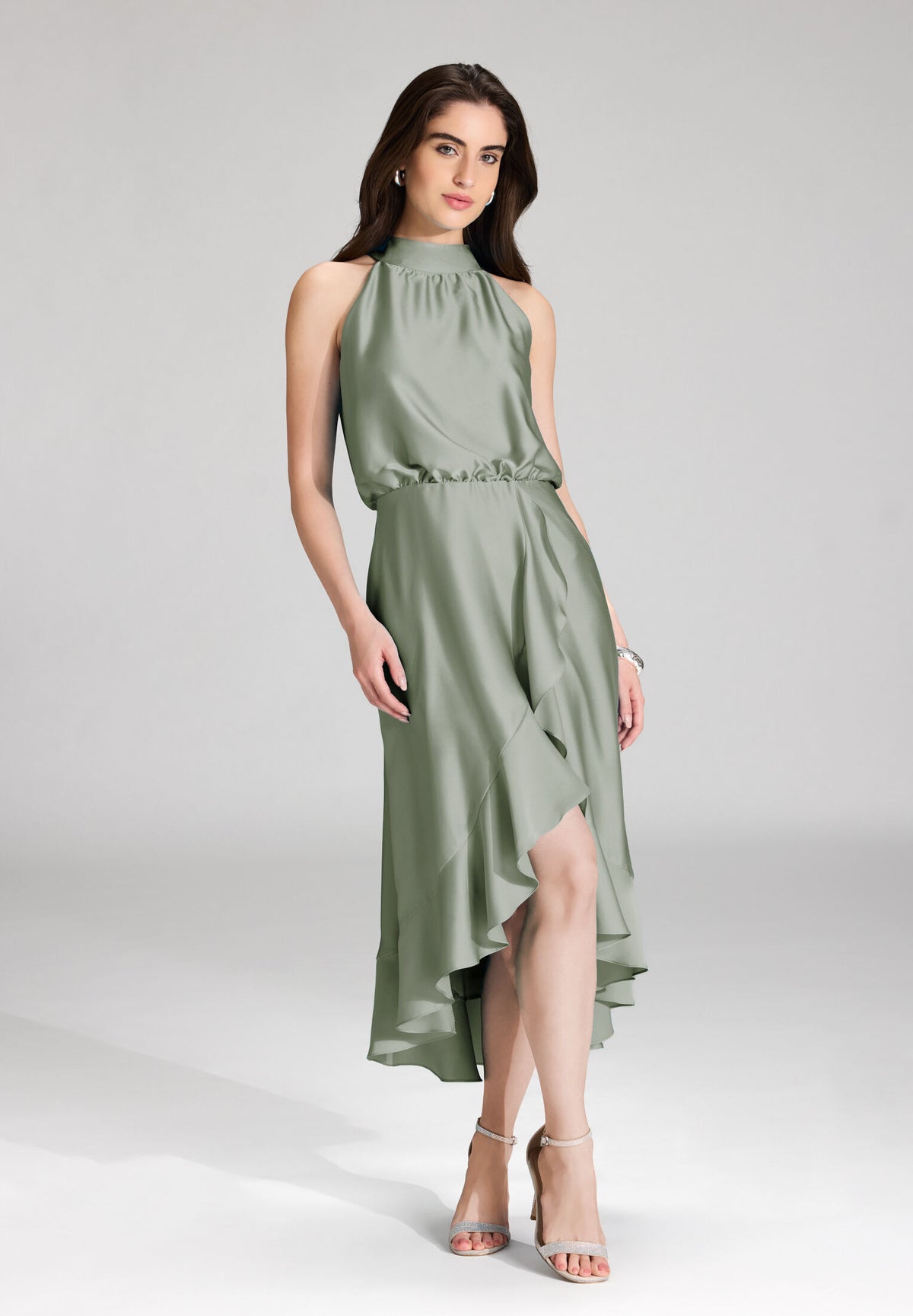 Cocktailkleid aus Satin mit Volant pistachio green