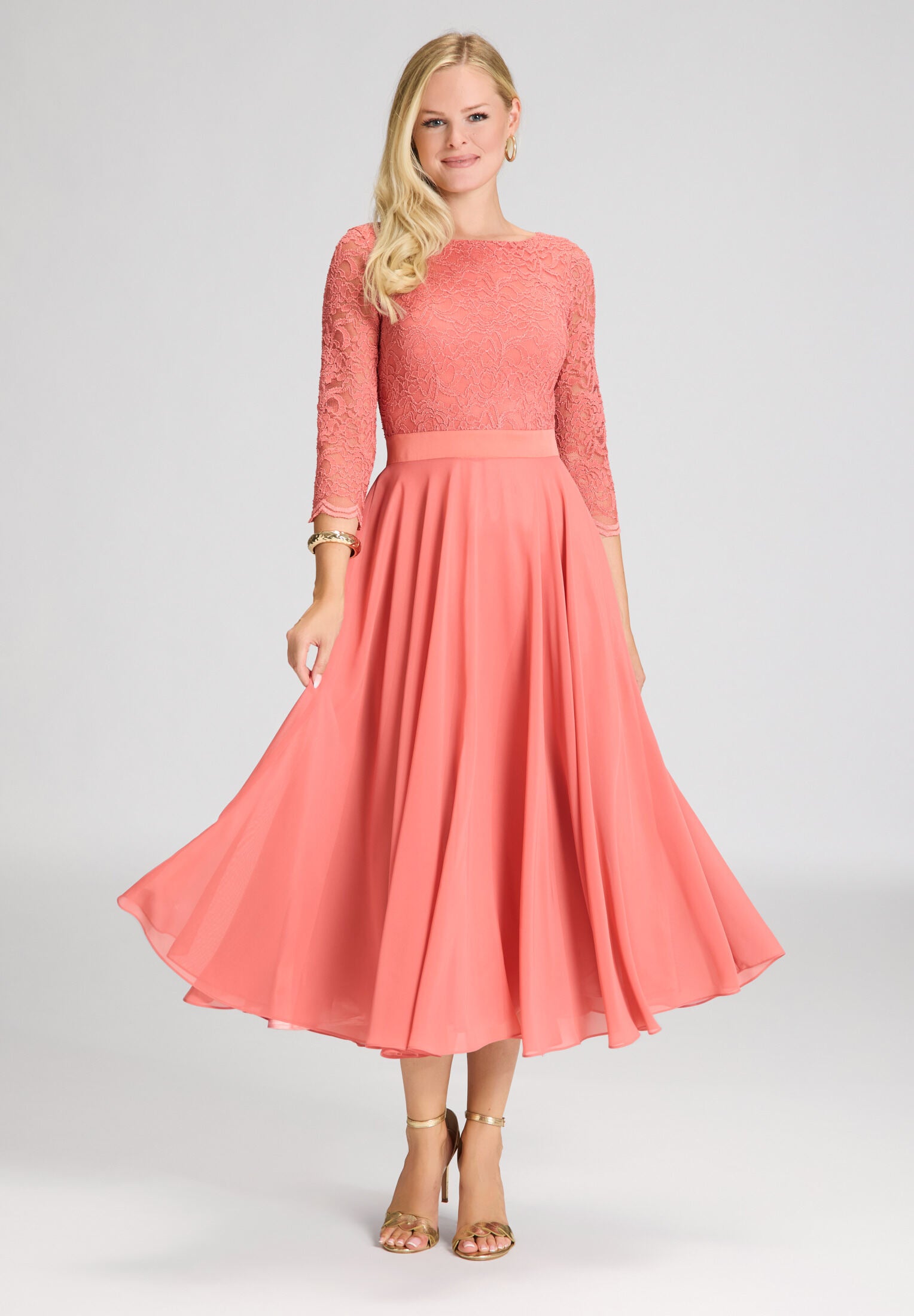 Abendkleid Midi mit Oberteil aus floraler Spitze und Chiffon Rock terracotta