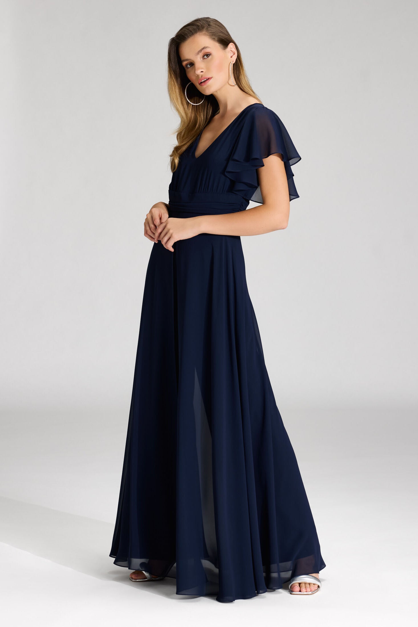 Chiffon Jumpsuit mit Überrock und Volantärmeln