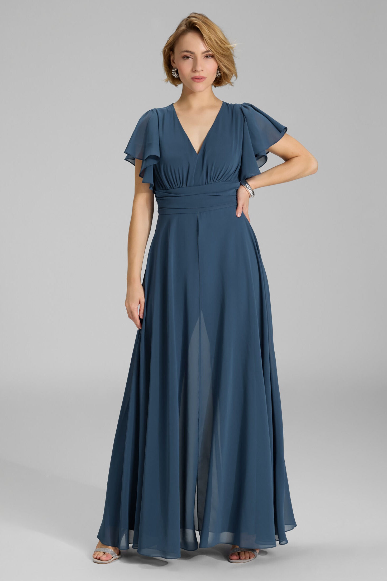 Chiffon Jumpsuit mit Überrock und Volantärmeln timeless blue