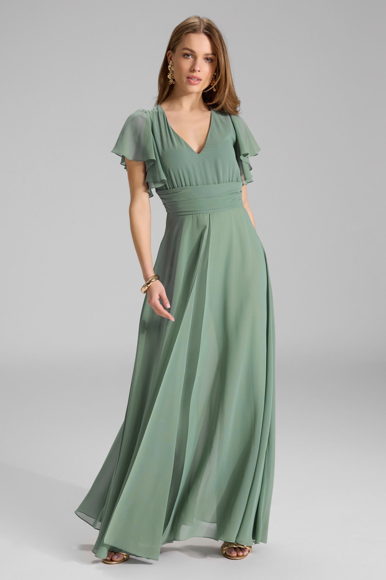 Chiffon Jumpsuit mit Überrock und Volantärmeln