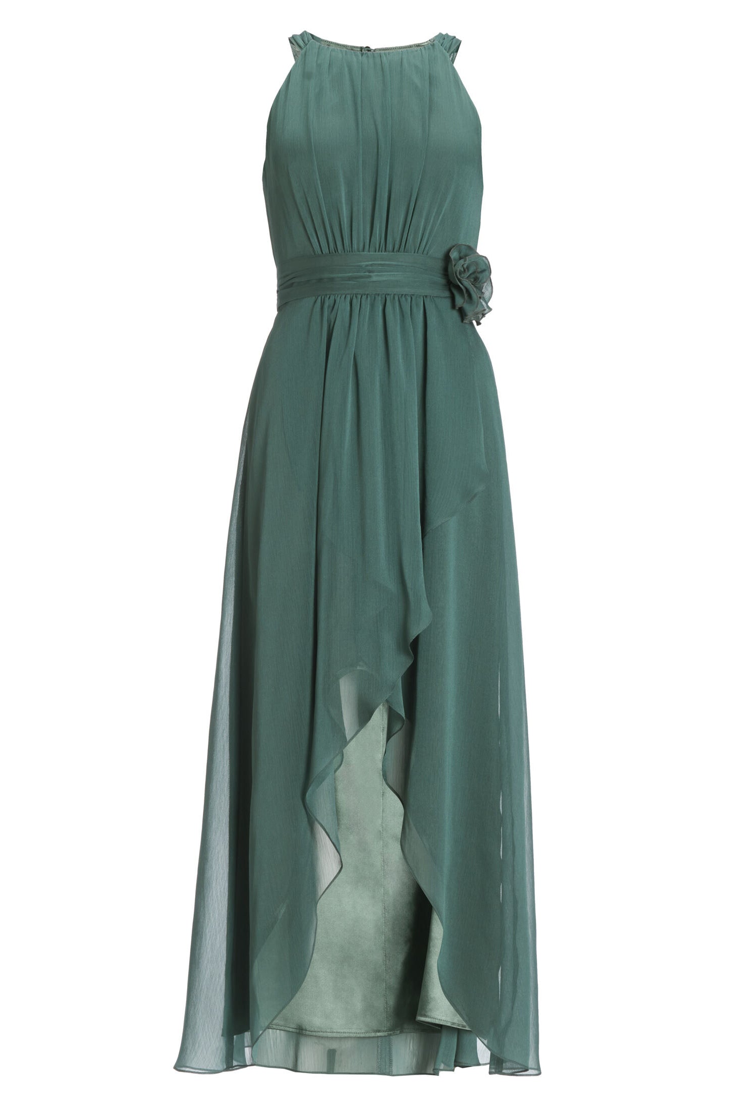 Abendkleid aus Chiffon mit Vokuhila Saum und Stoffblüte