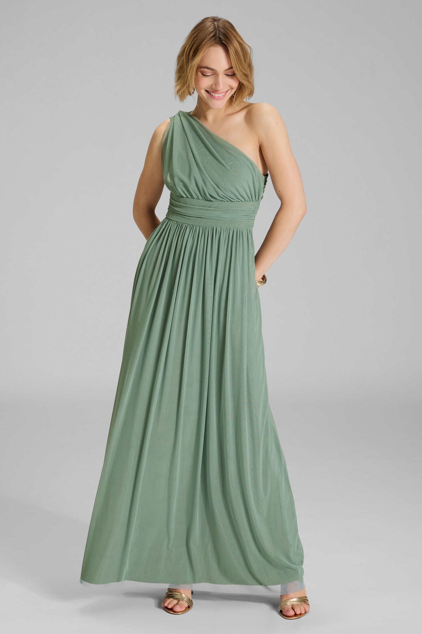 Abendkleid One Shoulder aus Mesh pistachio green