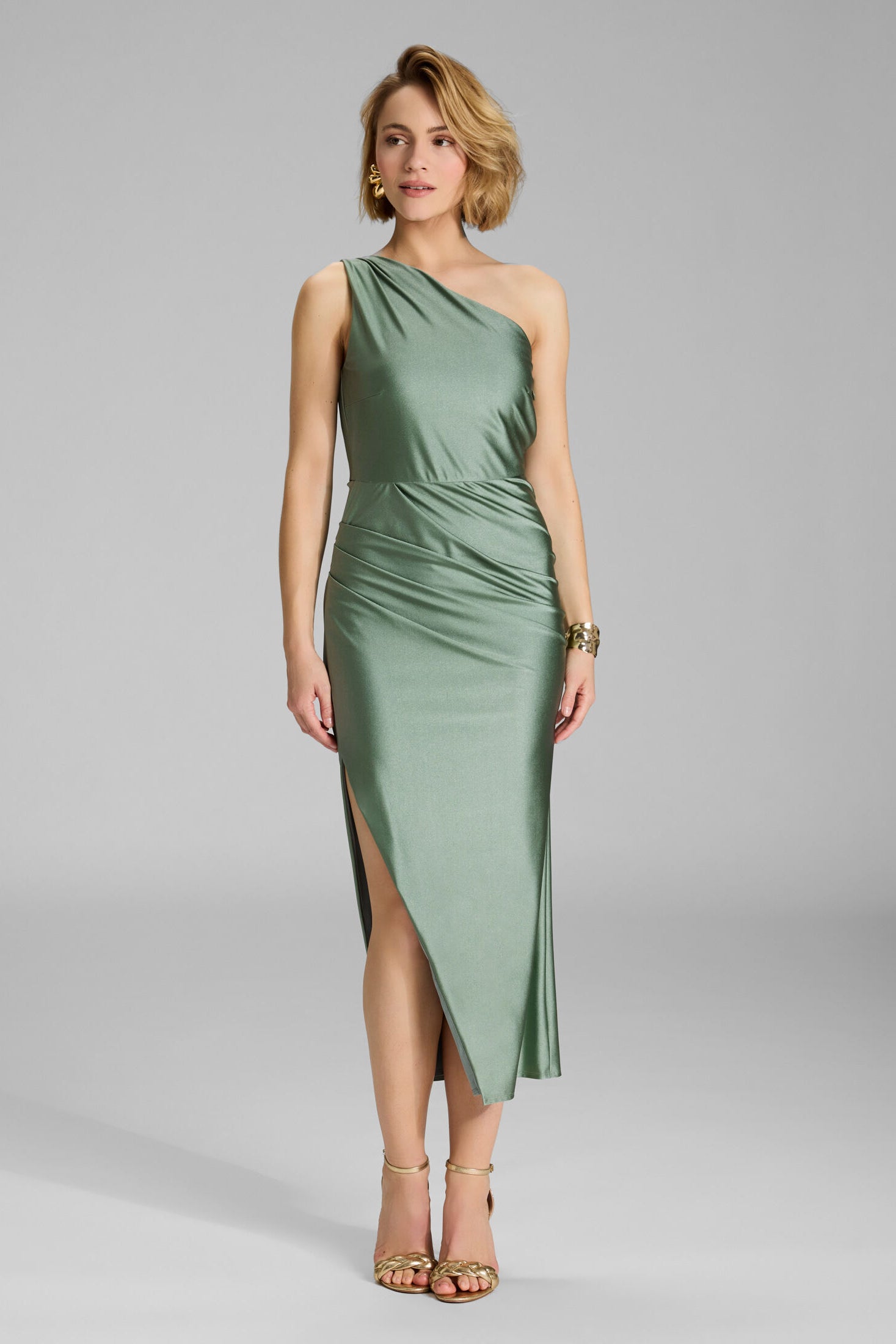 Midi Kleid One Shoulder aus Jersey Satin pistachio green