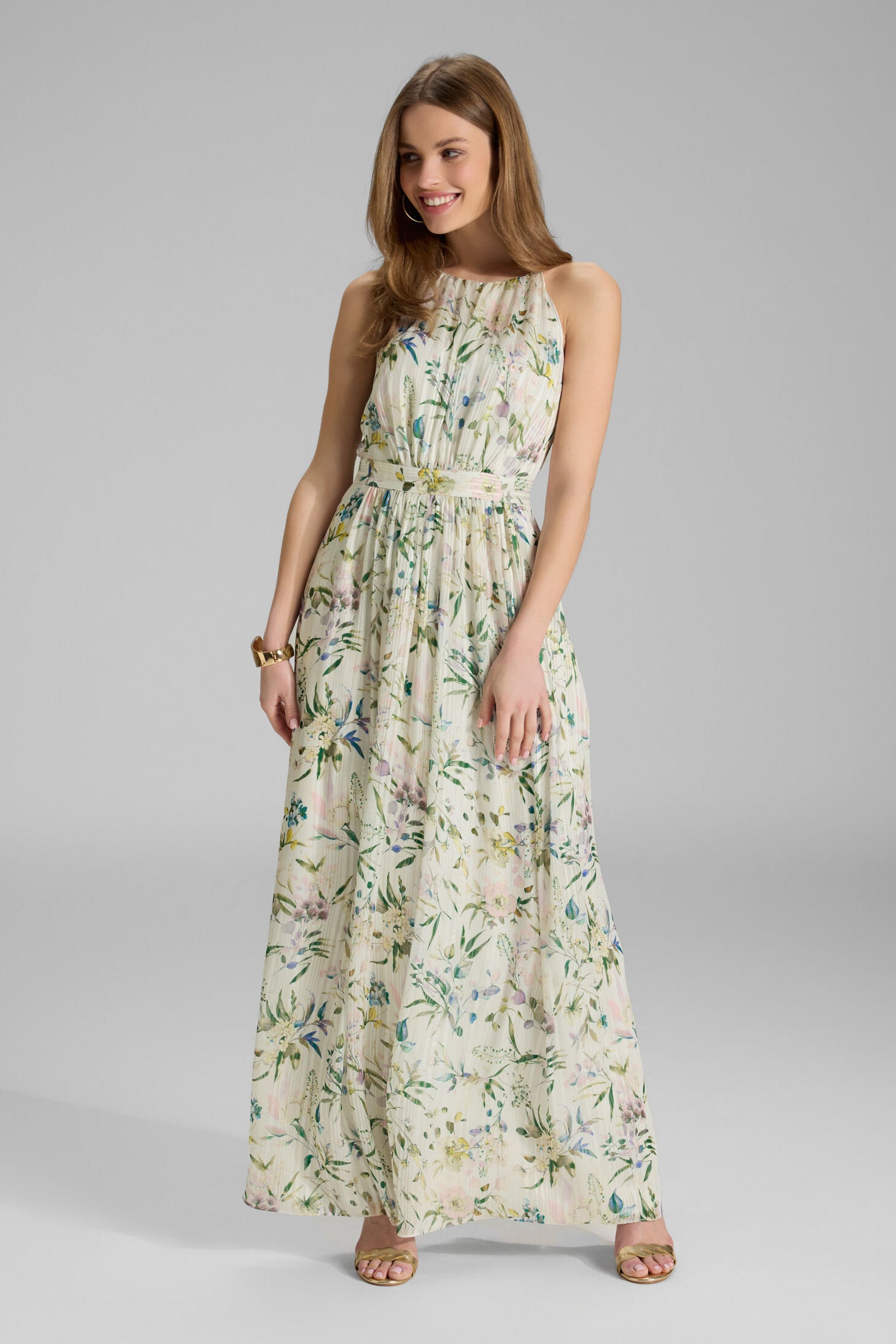 Abendkleid aus bedrucktem Chiffon mit Glitzerstreifen und Zierträgern ivory | multi