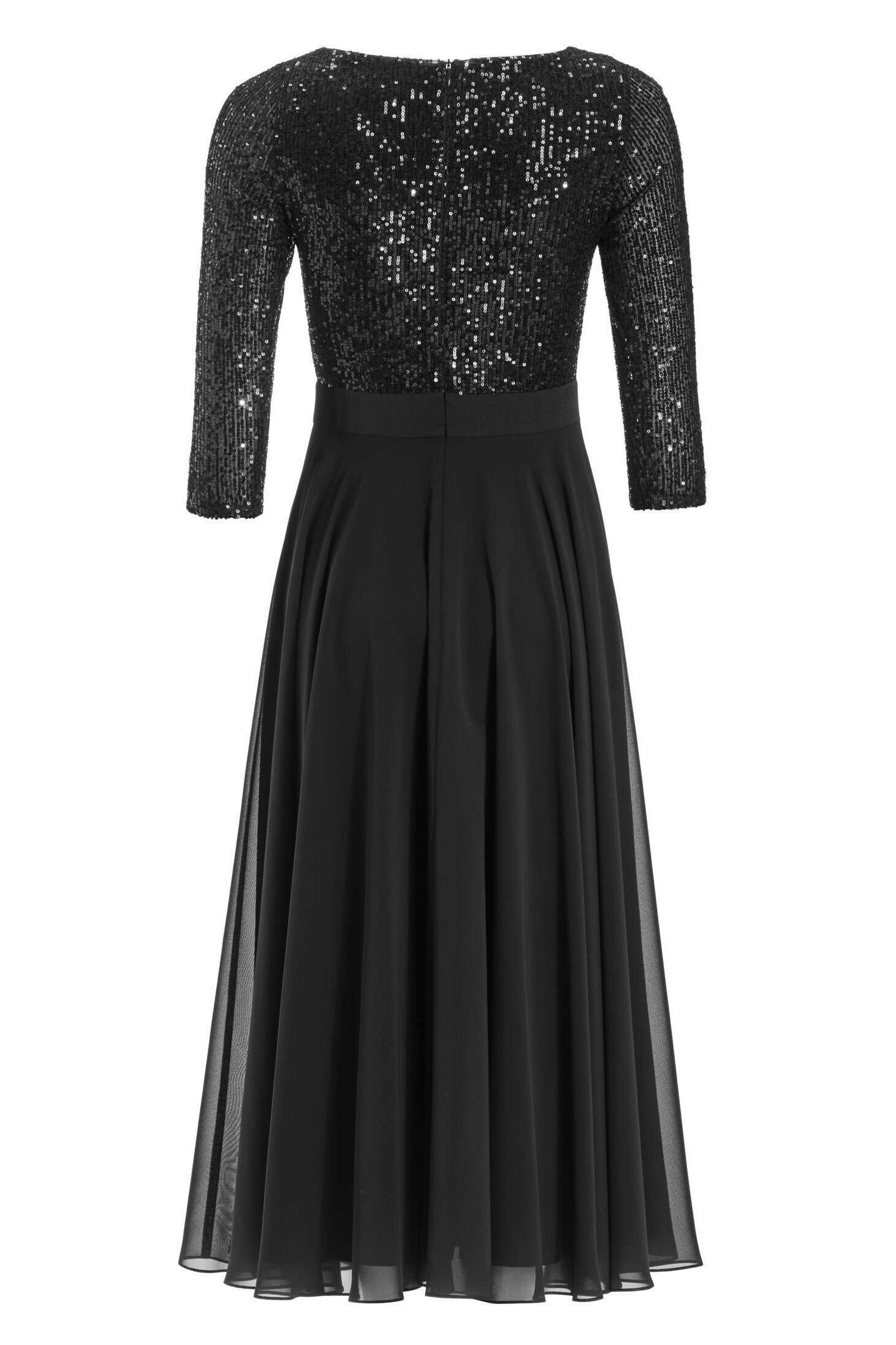 Cocktailkleid in Midi Länge mit Top aus elastischer Paillette und Tellerrock in Chiffon