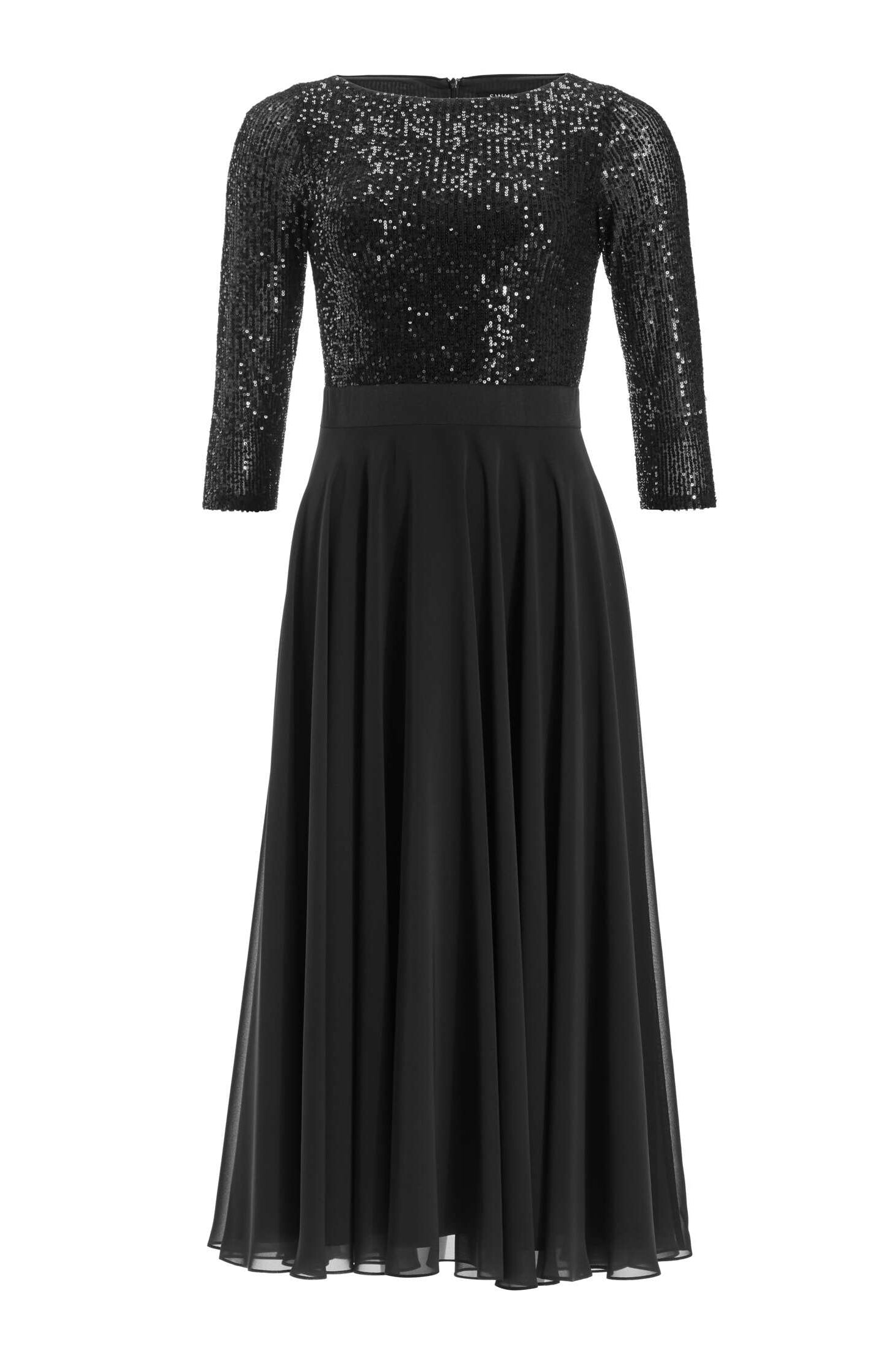 Cocktailkleid in Midi Länge mit Top aus elastischer Paillette und Tellerrock in Chiffon
