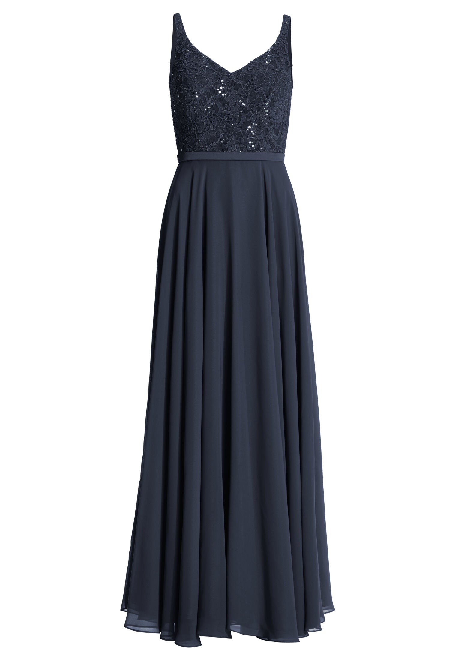 Abendkleid aus Material-Mix mit weit schwingendem Rock