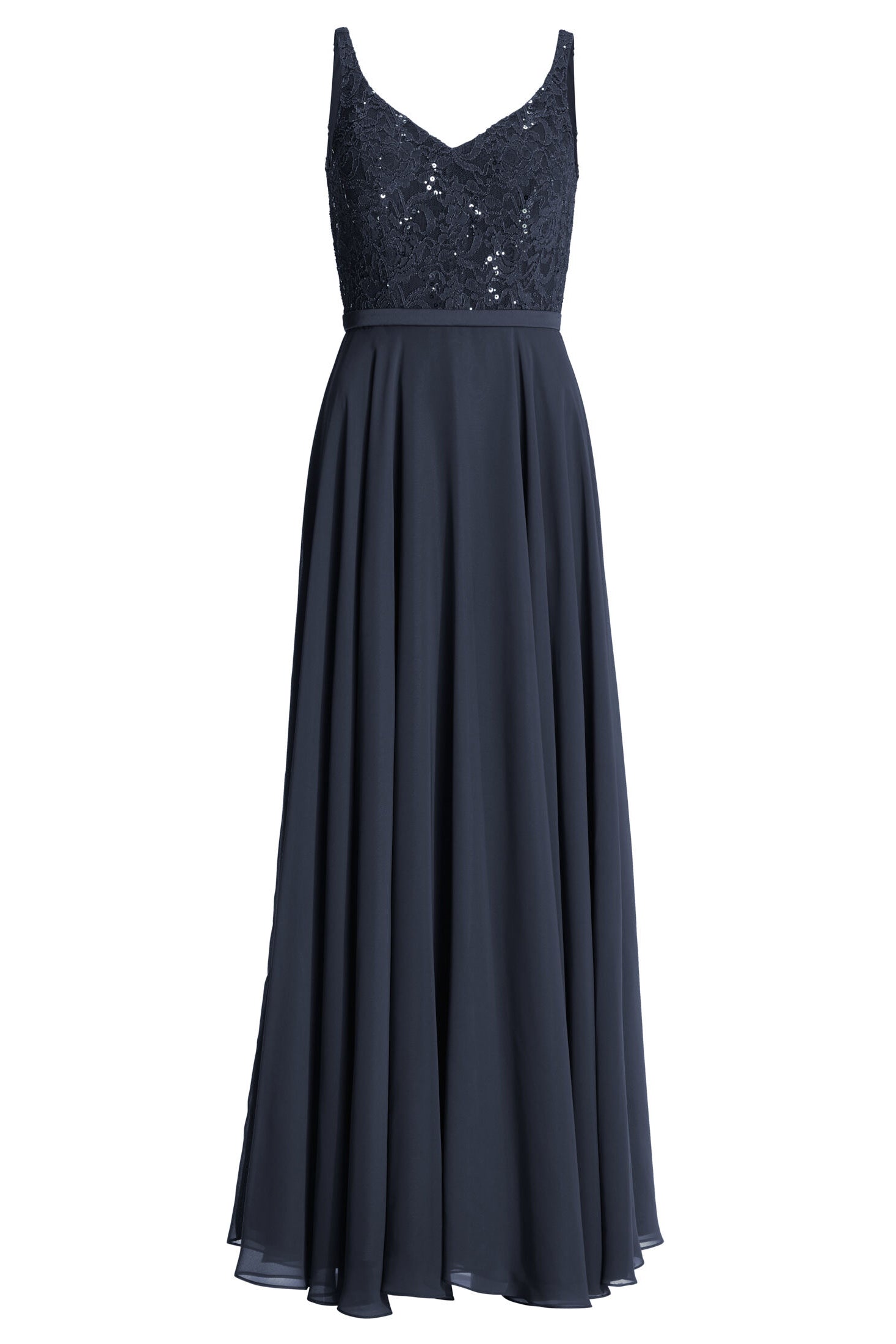 Abendkleid aus Material-Mix mit weit schwingendem Rock