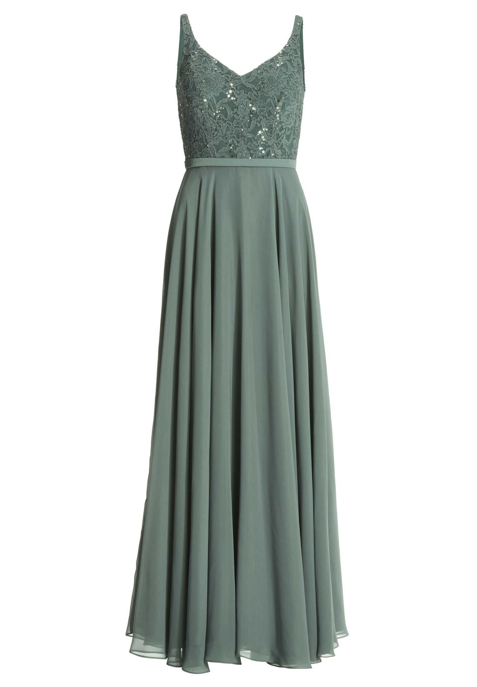 Abendkleid aus Material-Mix mit weit schwingendem Rock