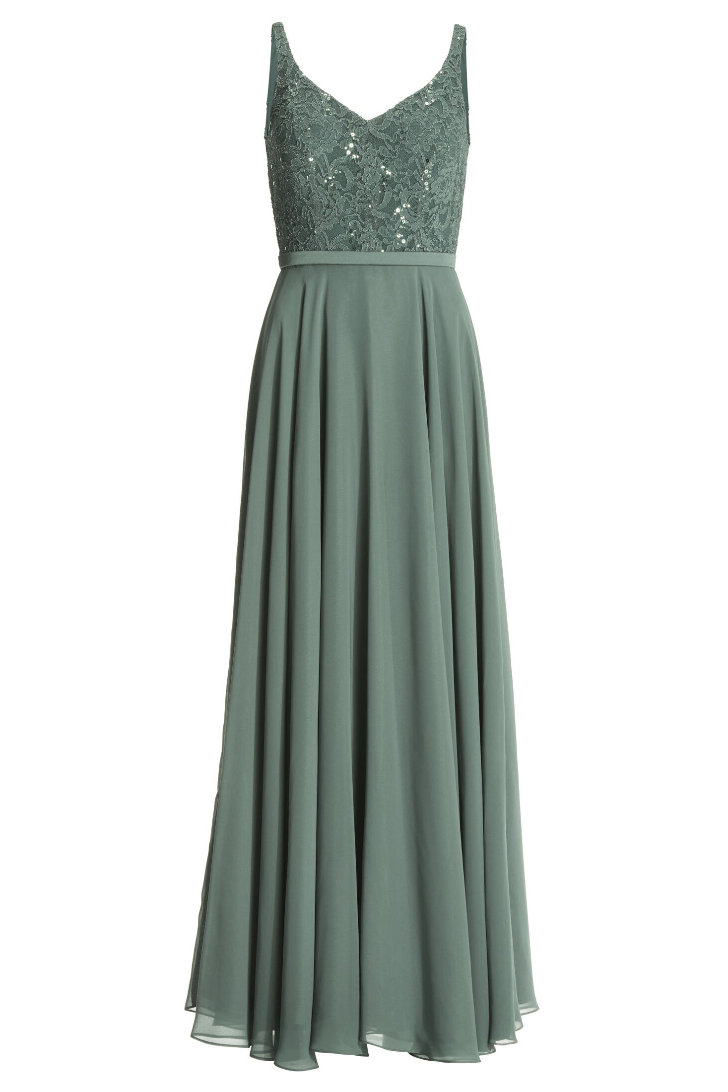 Abendkleid aus Material-Mix mit weit schwingendem Rock