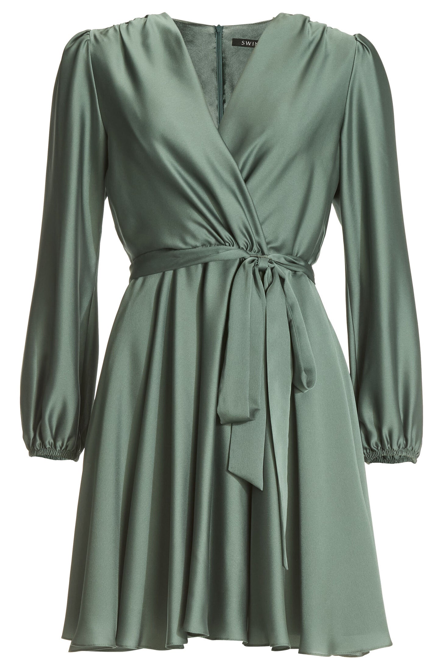 Cocktailkleid aus nachhaltigem Satin mit Wickel Oberteil und Tellerrock