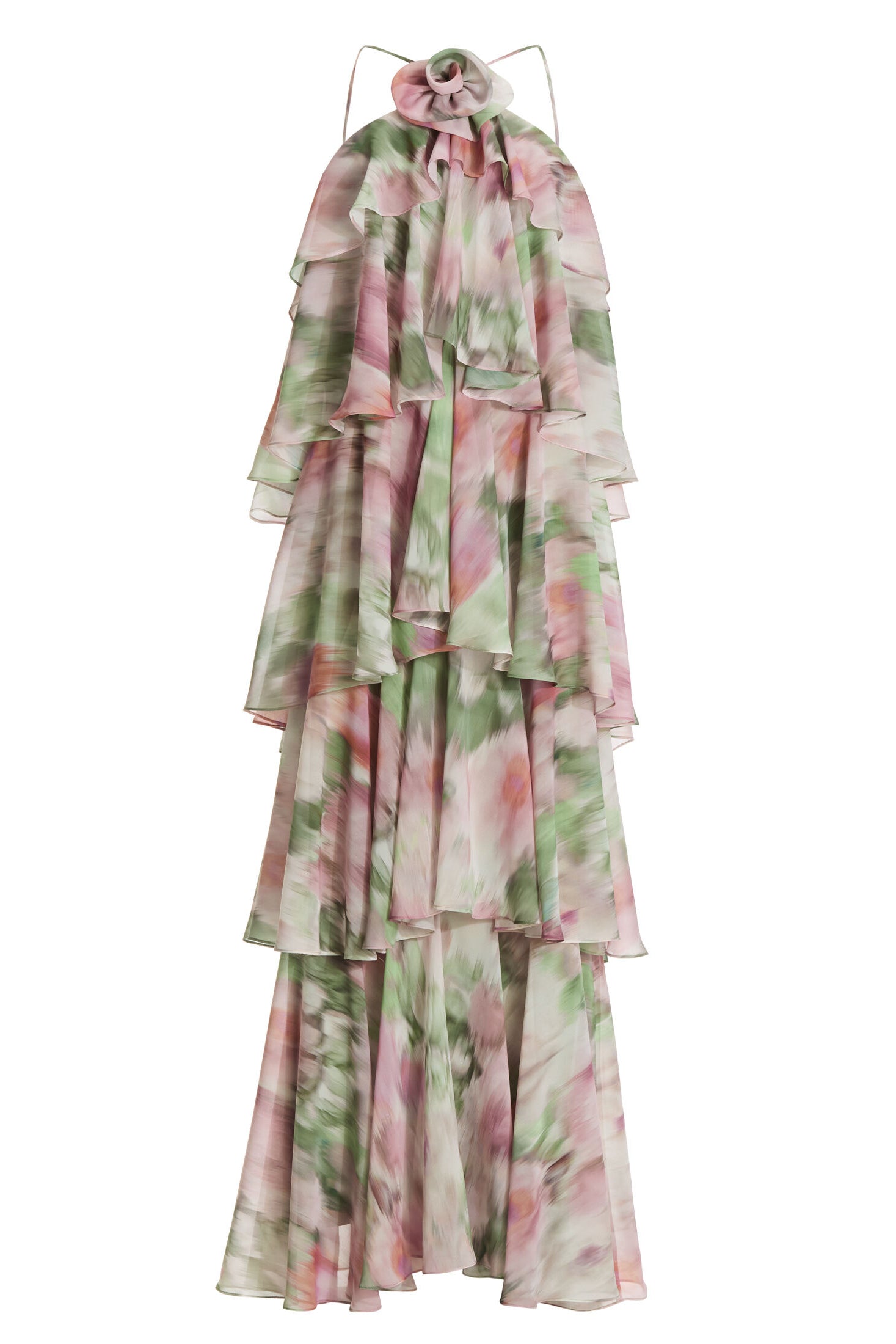 Abendkleid aus bedrucktem Chiffon mit gestuften Volants