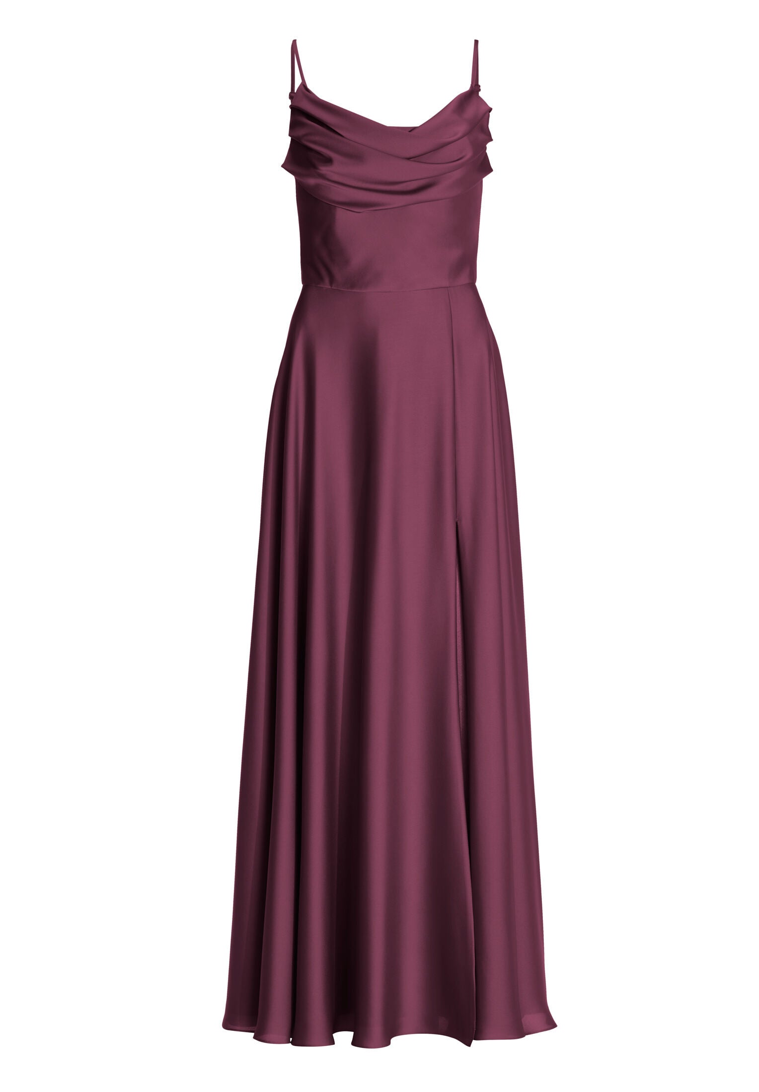 Abendkleid aus nachhaltigem Satin mit Wasserfall-Ausschnitt und Beinschlitz