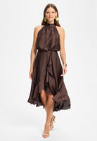 Cocktailkleid aus Satin mit Volant chocolate brown