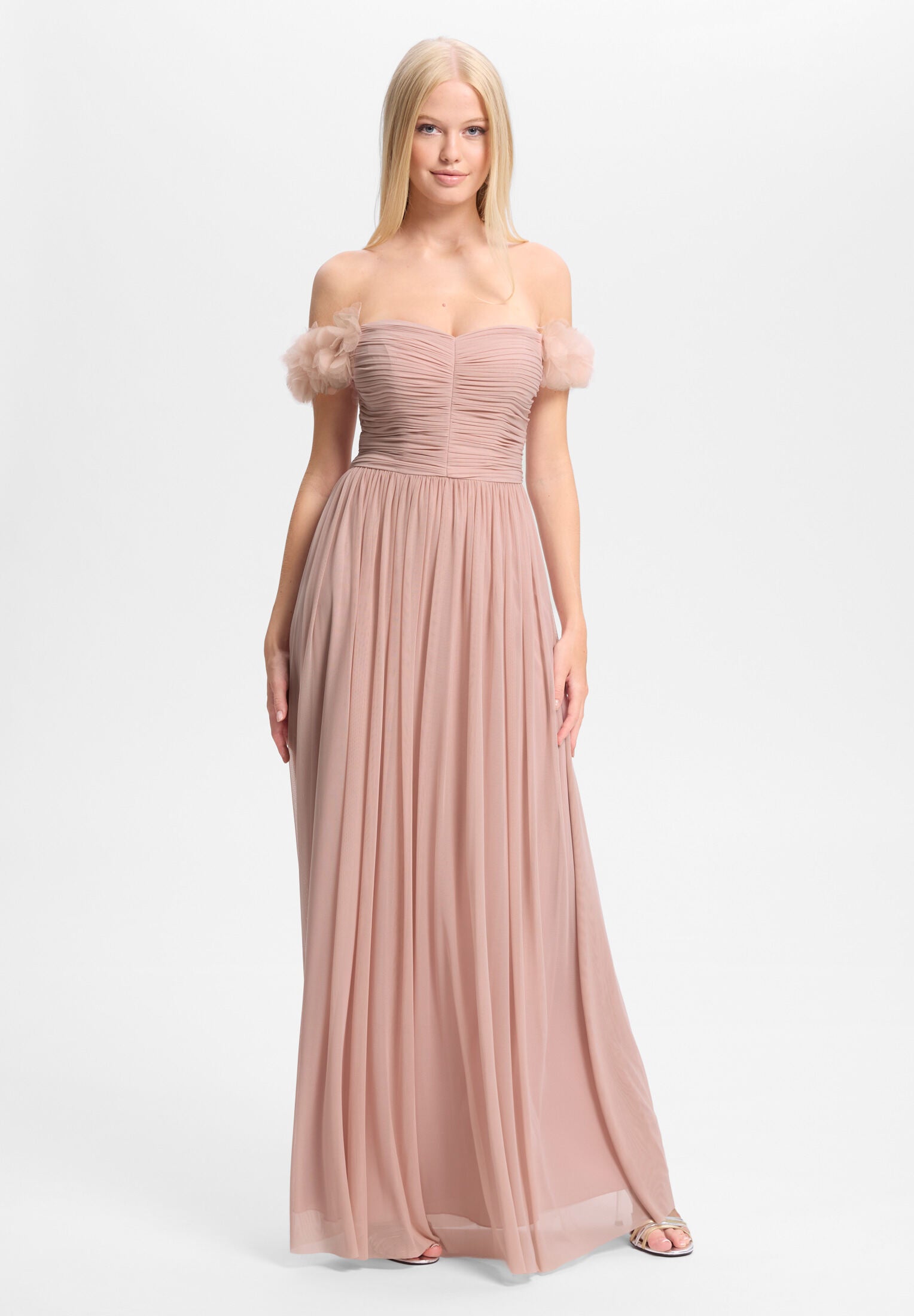 Off-Shoulder Abendkleid mit Blütenapplikation flamingo pink