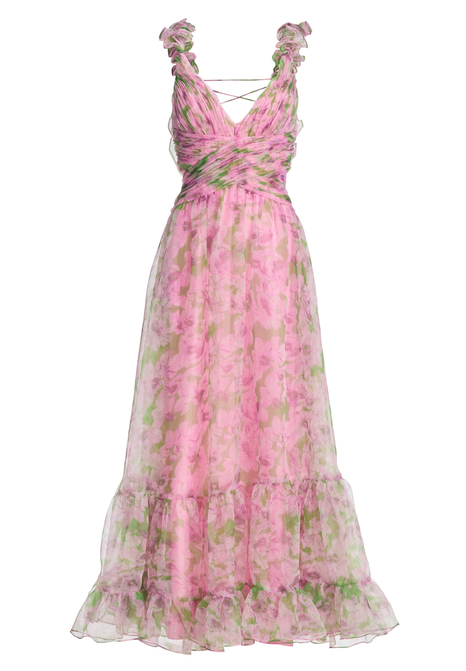 Abendkleid mit floralem Print und Rüschendetails