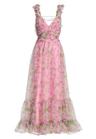 Abendkleid mit floralem Print und Rüschendetails