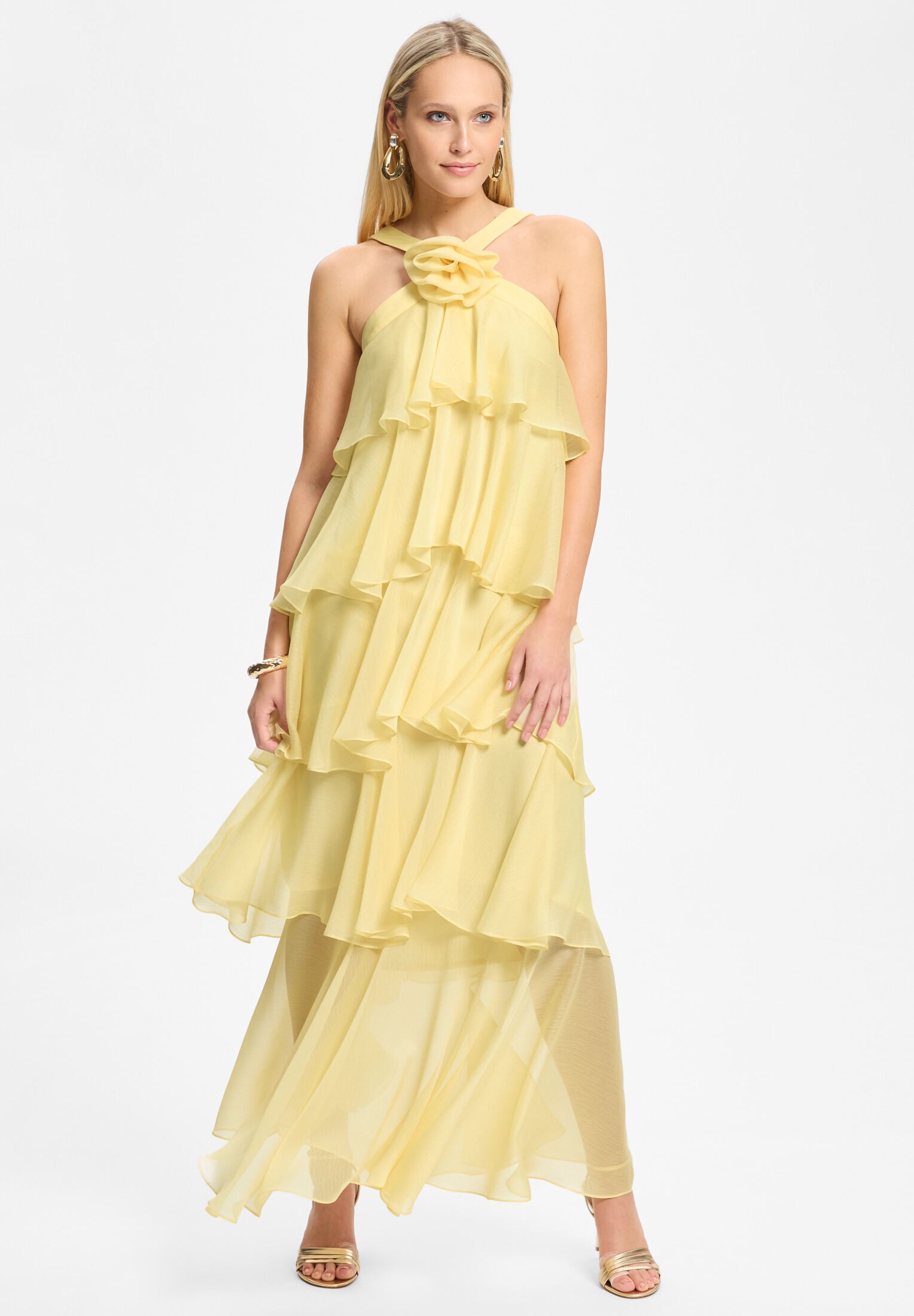 Abendkleid aus Crinkle Chiffon mit gestuften Volants pastel yellow