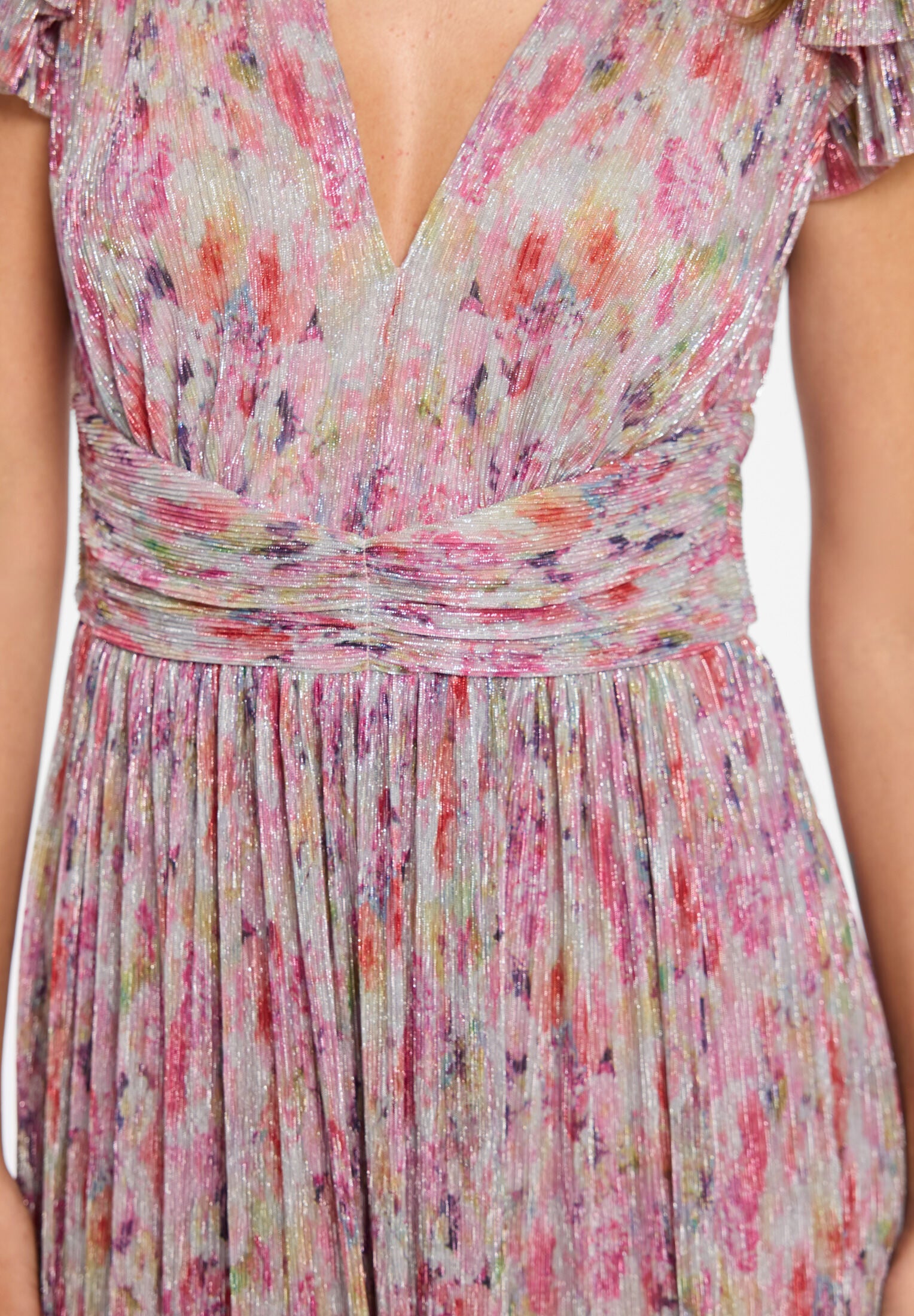 Abendkleid aus bedrucktem Plissee Jersey mit betonter Schulter