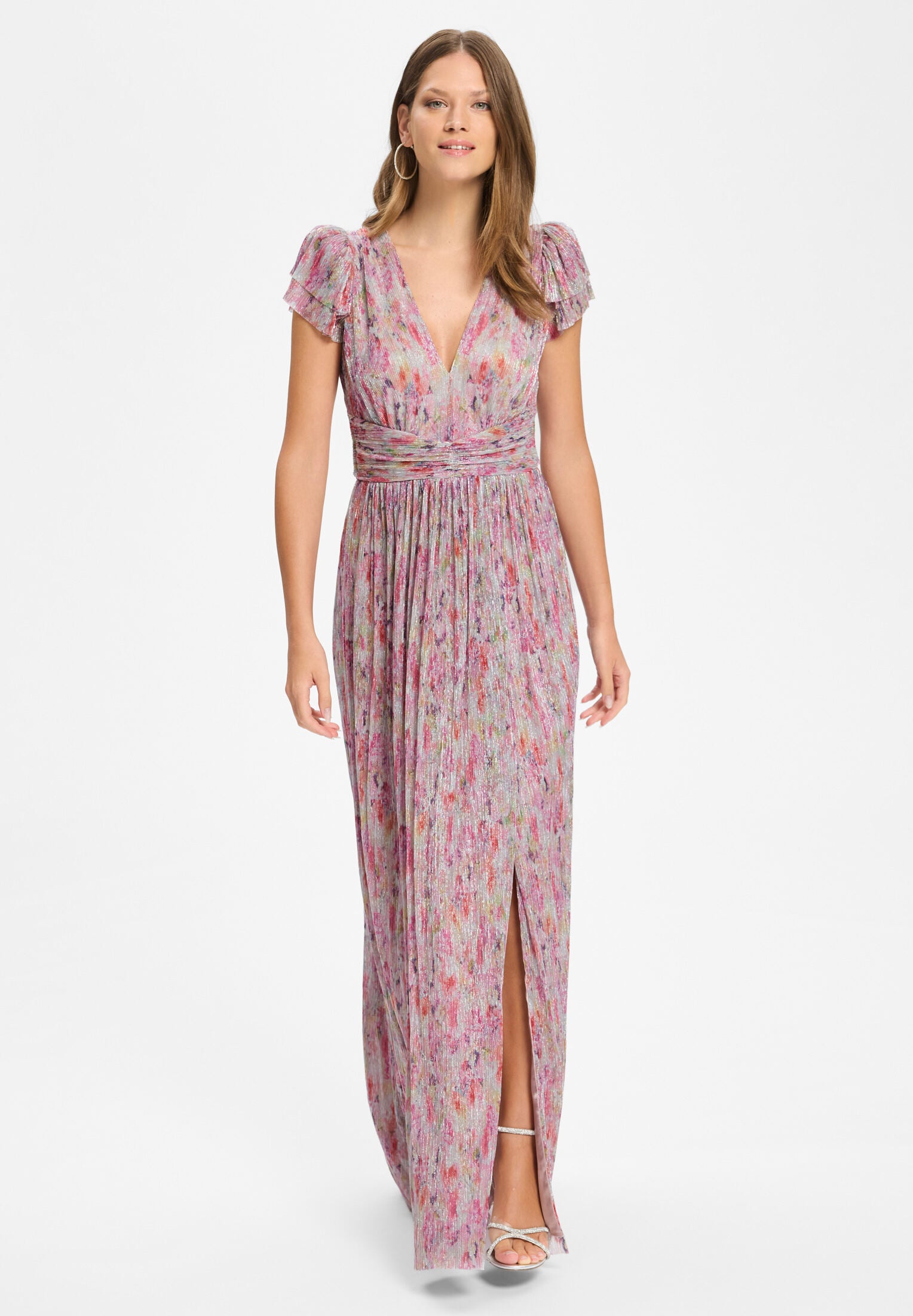 Abendkleid aus bedrucktem Plissee Jersey mit betonter Schulter pink | multi