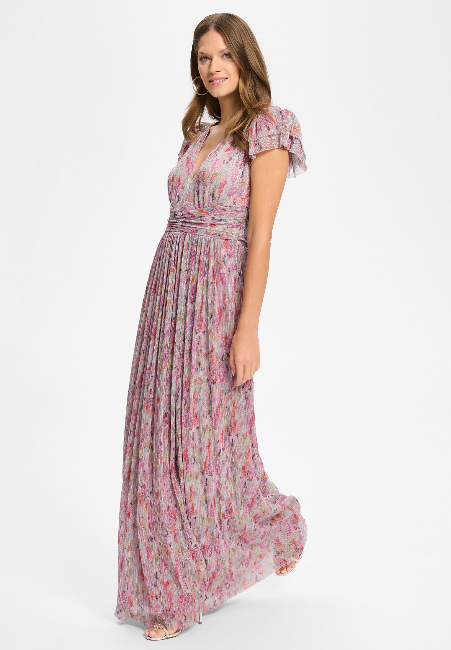 Abendkleid aus bedrucktem Plissee Jersey mit betonter Schulter