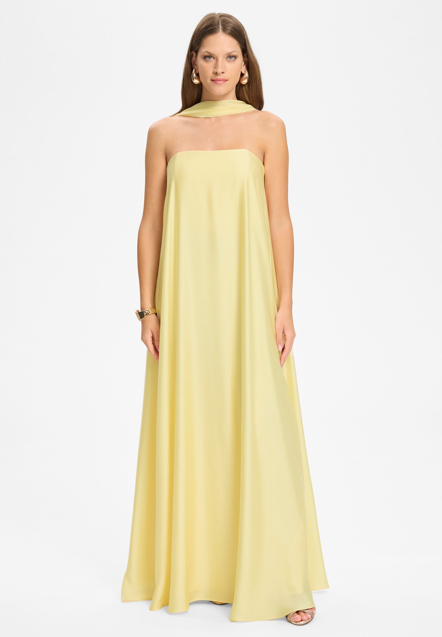 Trägerloses Abendkleid aus Satin Chiffon mit eingearbeiteter Korsage pastel yellow